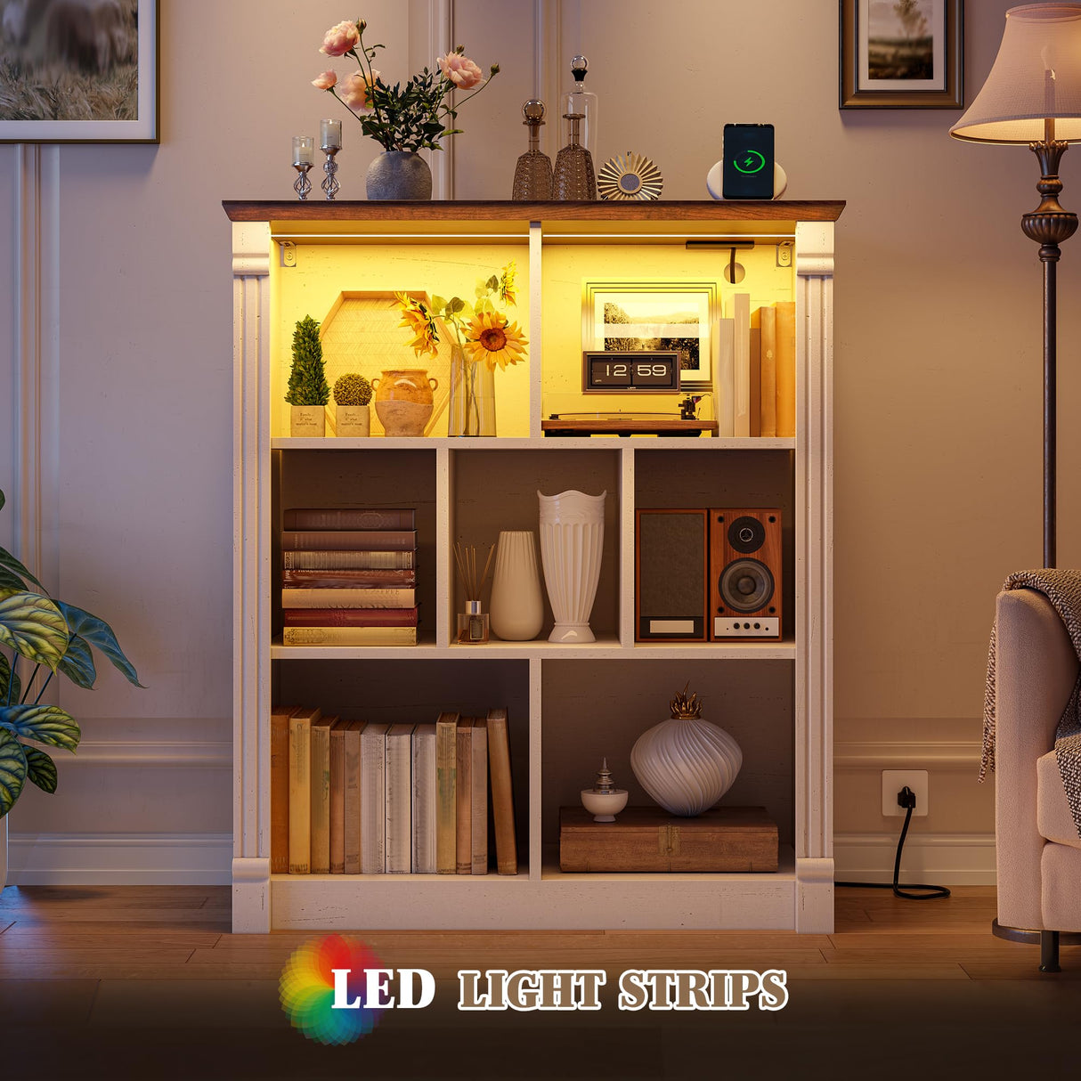 EnHomee 7 Cube Storage Organizer with LED Light and Charging Station Wood Cube Shelf White Bookshelf for Bedroom Living Room,Office,White EnHomee