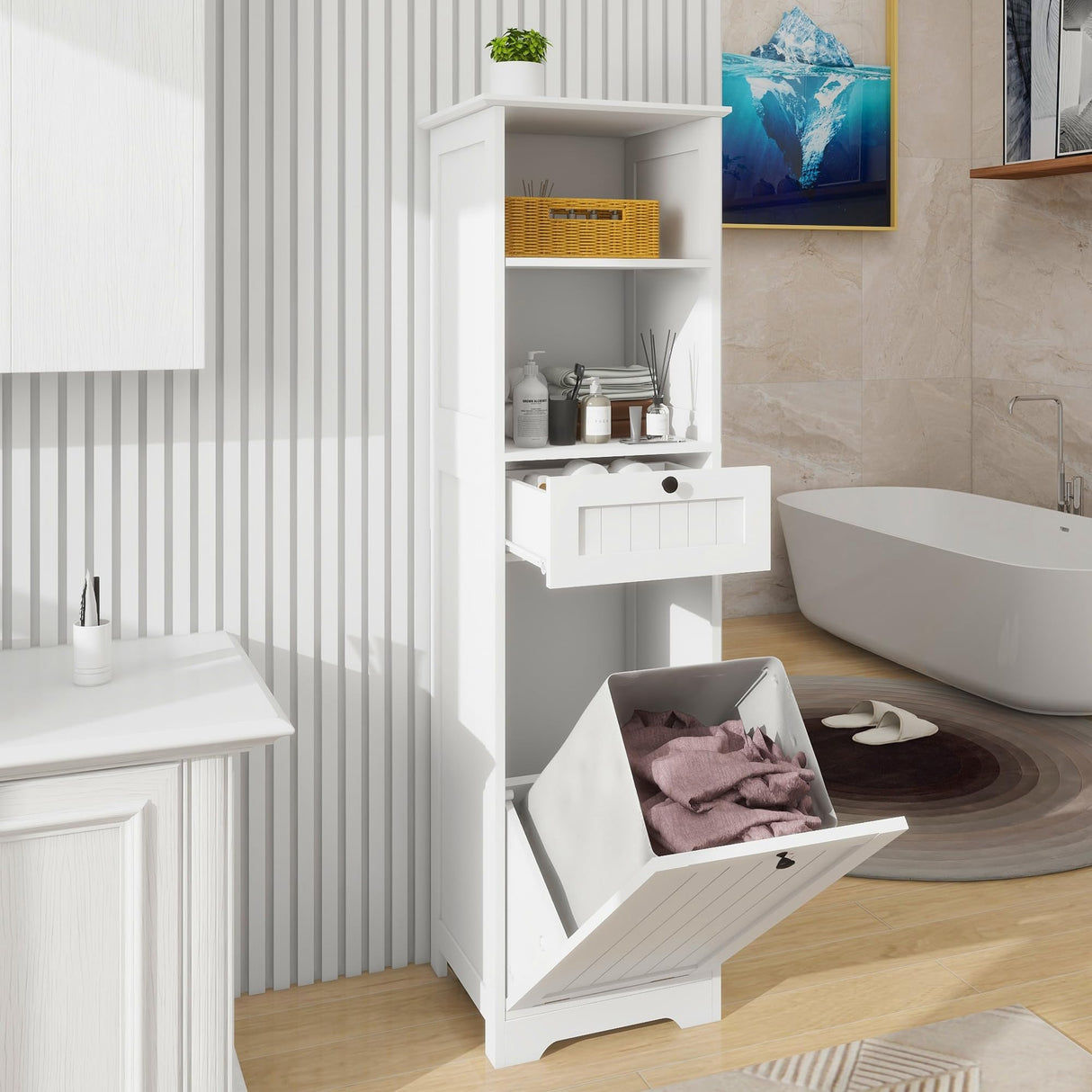 OQSC Tall Tilt Out Laundry Room Cabinets and Storage with Hidden Removable Basket, Pull Out Laundry Cabinet Hamper with Door and Drawer for Laundry Room, Bathroom, 13 Gallons OQSC