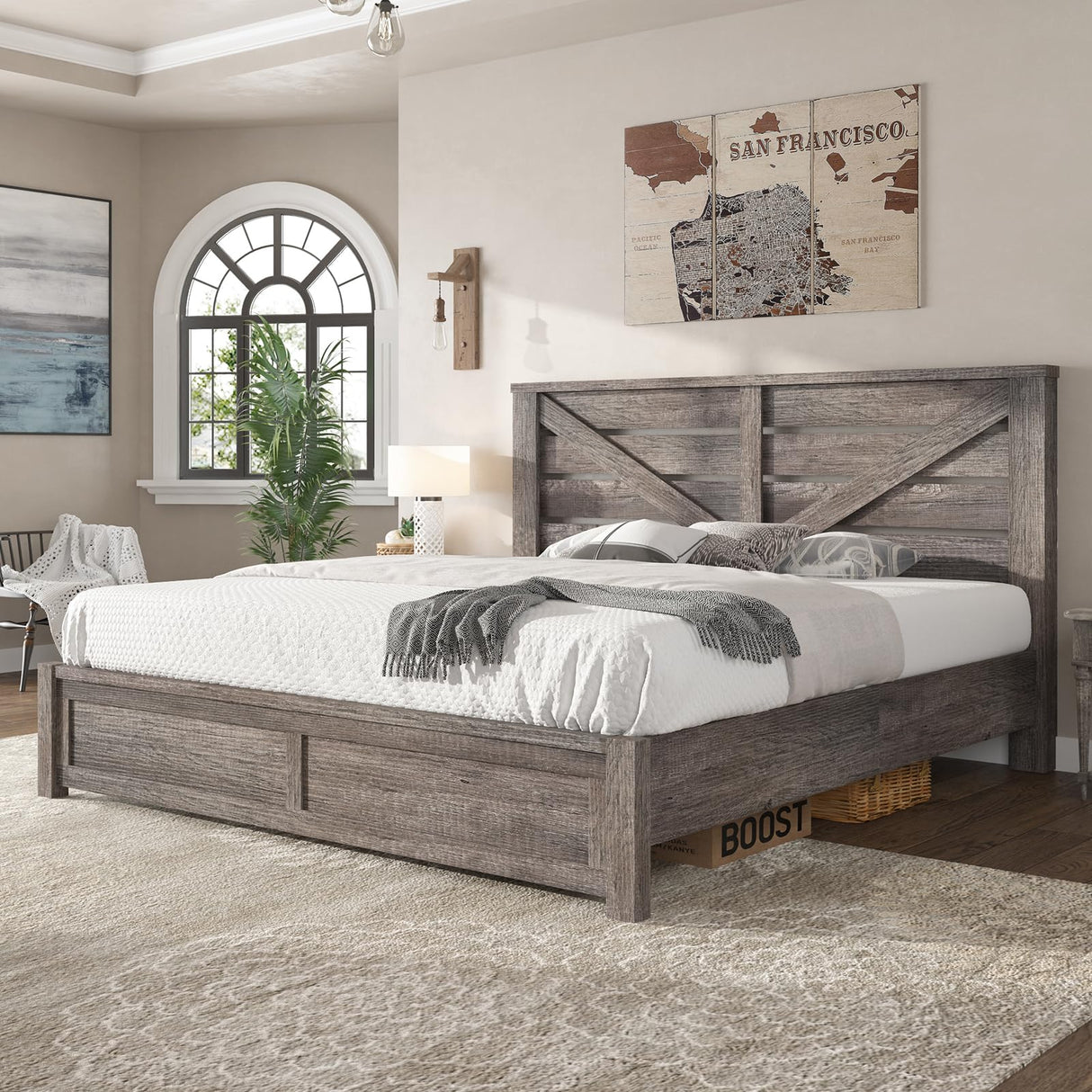 AMERLIFE King Size Farmhouse Bed Frame with 49.2" Barn Door Headboard, Platform Bed Frame with Wood Slats, Under Bed Storage Space, Easy Assembly, Noisy Free, Rustic Gray AMERLIFE