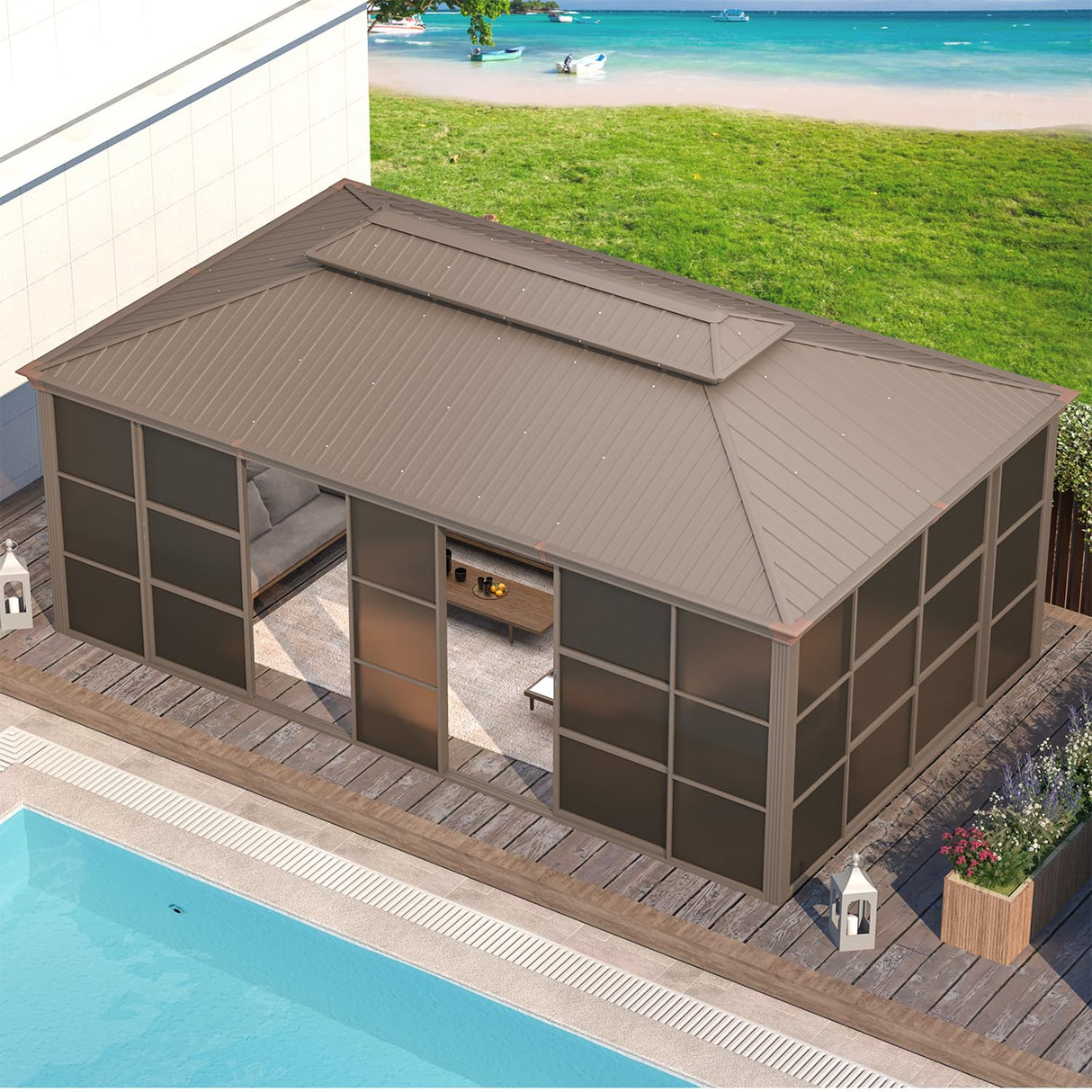 EROMMY 12' x 20' Sunroom, All-Season Gazebo Solarium with Galvanized Steel Roof, Aluminum Frame, Outdoor Permanent Sun Room with Sliding Doors EROMMY