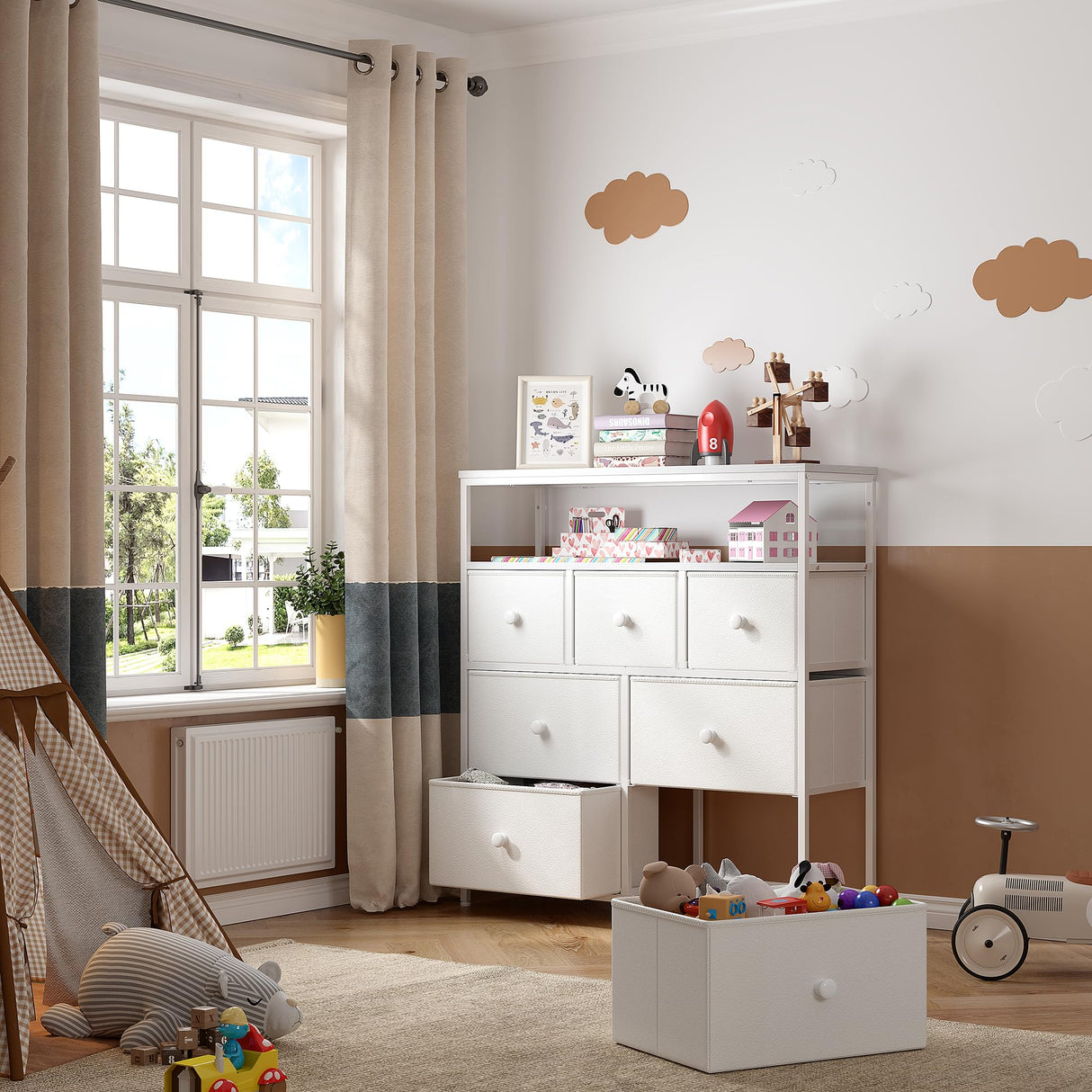 EnHomee White Dresser for Girls Bedroom with 7 Drawers and 2 Shelves, Girls Dresser with Wooden Top and Metal Frame, Cute Dressers & Chest of Drawers for Bedroom, Closets,Nursery,White EnHomee