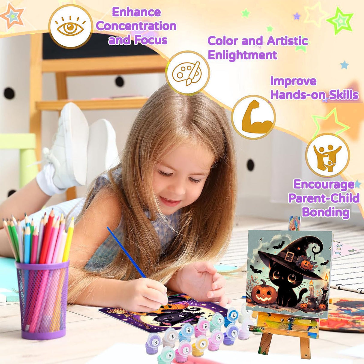 cviokrdu 4 Pack Paint by Numbers Kit for Kids with Frame-Wooden Easel, Halloween Paint by Numbers for Kids Ages 4 8 12, Easy Black Cat Acrylic Oil Painting Kits for Home Wall Decoration 8x8 inch cviokrdu