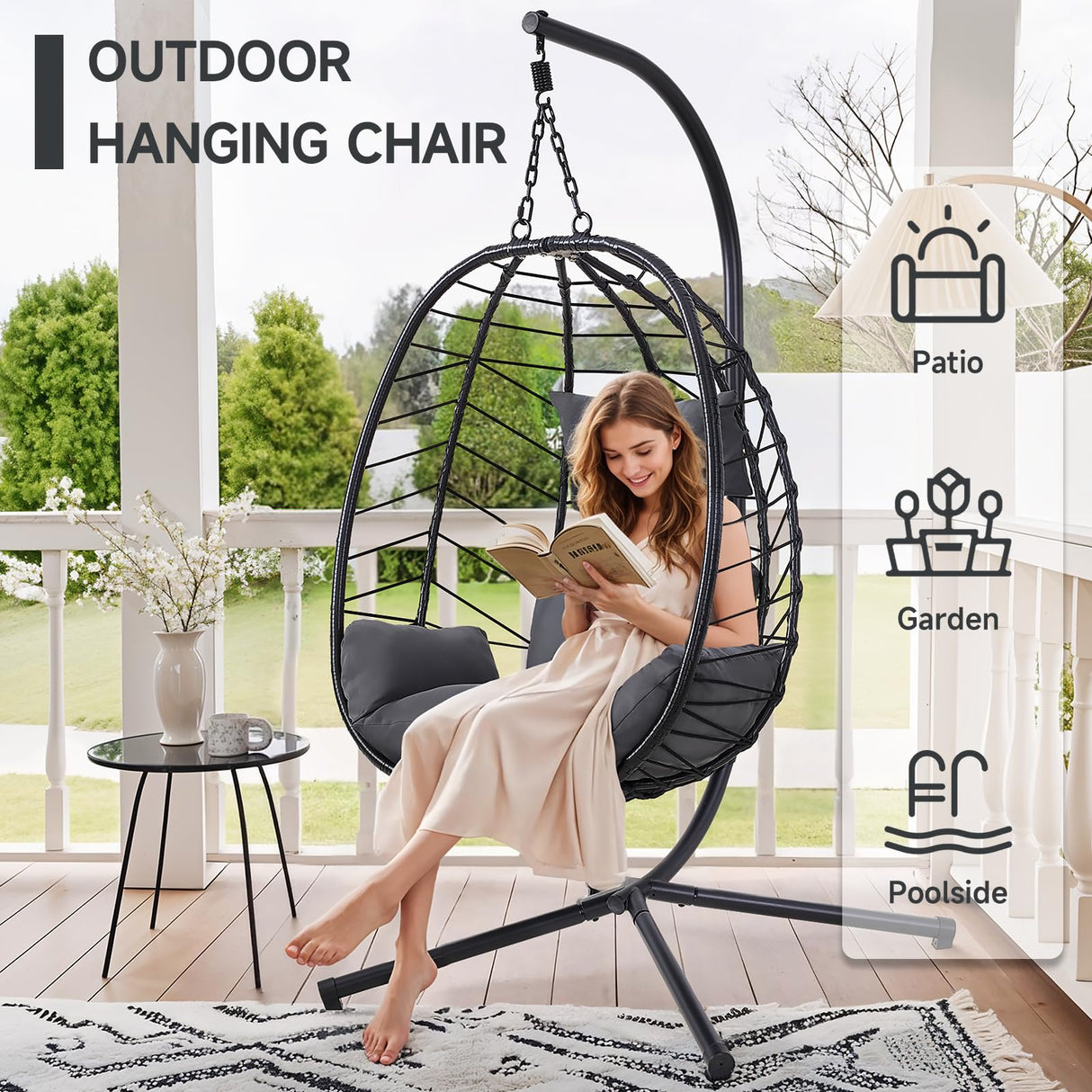 ONBRILL Hanging Egg Chair with Stand, Outdoor Indoor Egg Swing Chair with Cushion Headrest, Wicker Rattan Egg Chair with Dual Chains, 350LBS Capacity for Patio, Porch, Balcony, Bedroom (Dark Gray) ONBRILL