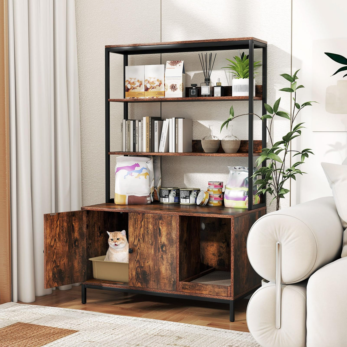 PETSITE Cat Litter Box Enclosure with Storage, 57 Inch Tall Hidden Litter Box with 2-Tier Shelves, Removable Scratching Pad, and Winding Entry, Solid Metal Framed (Rustic Brown) PETSITE