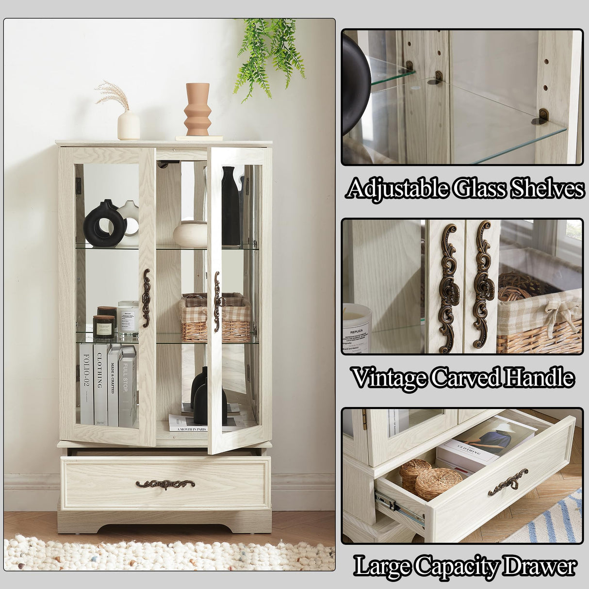 TRJQBCC 3-Tier Lighted Curio Display Cabinet, 47" H Glass Accent Storage Cabinet with Adjustable Glass Shelves & 1 Drawer, Wooden Wine Display Case with Mirrored Back Panel for Living Room (White) TRJQBCC