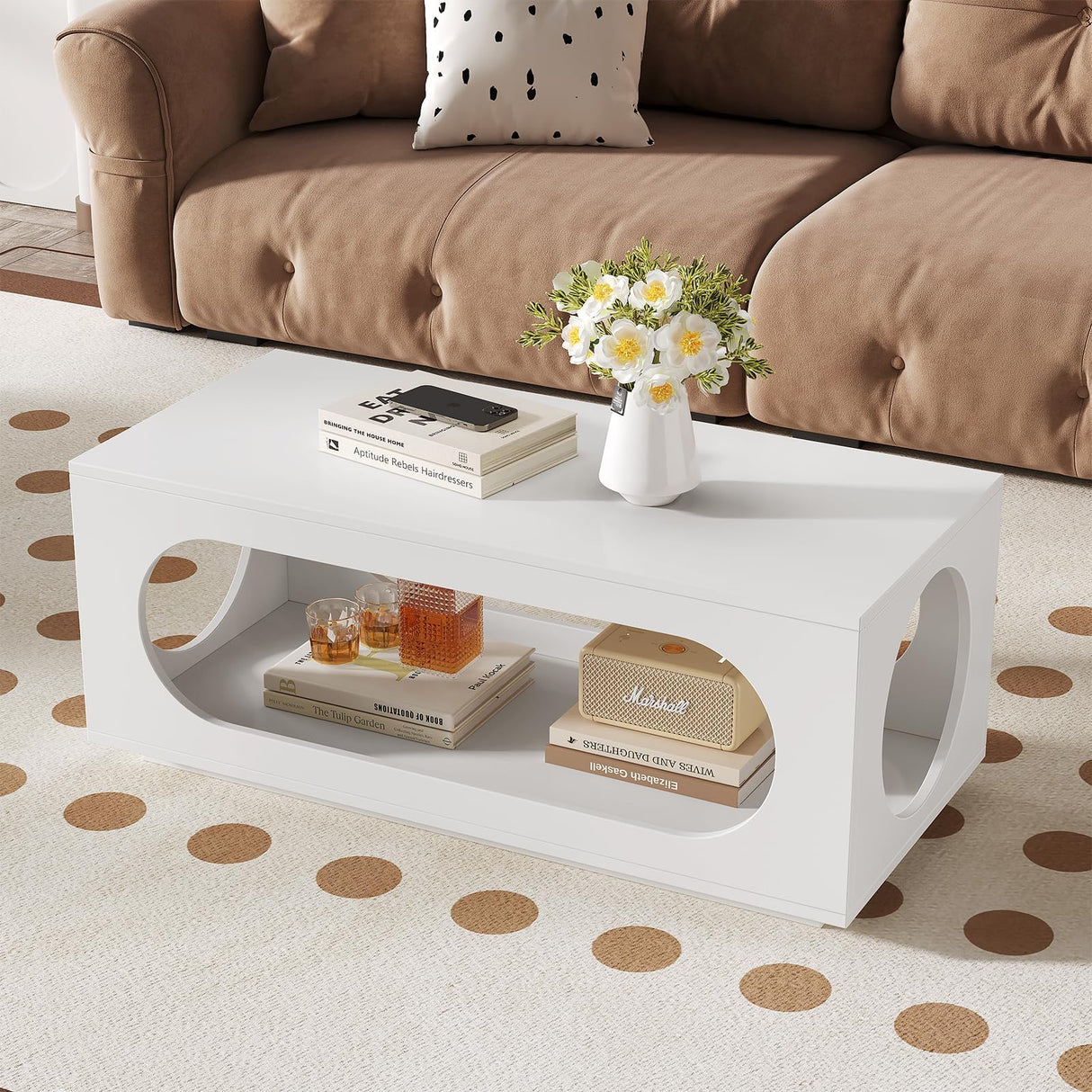 HedoAjim 43" White Led Coffee Table for Living Room, Modern Living Room Table Rectangular Contemporary Center Table with Storage, Wooden Coffee Tables with LED Lights for Dining Reception Room HedoAjim