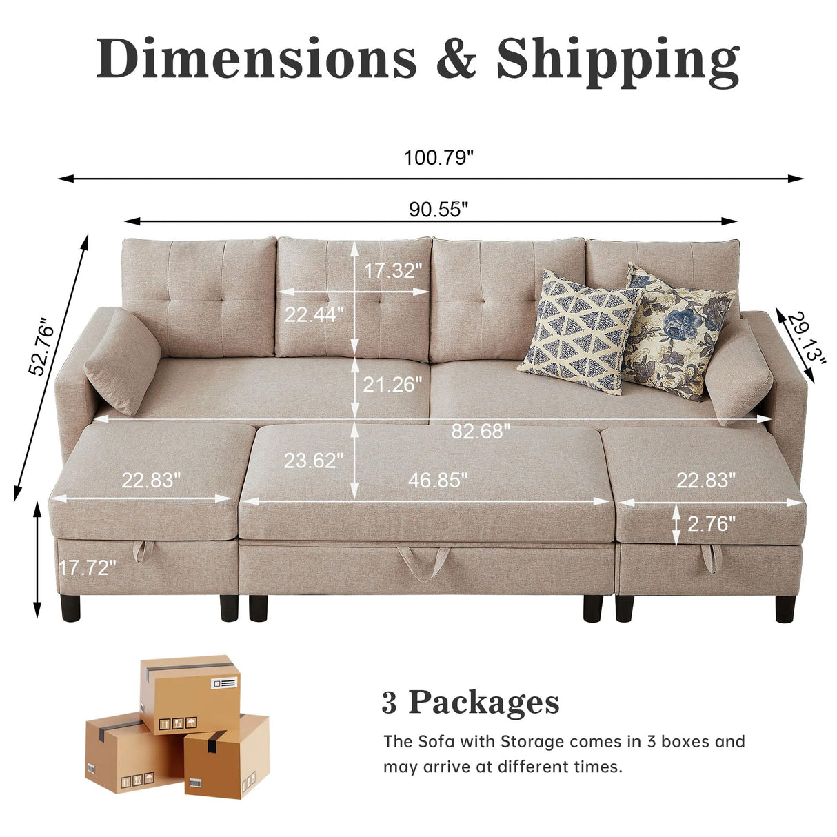 Pingliang Home 101" Convertible Sectional Sofa with Ottoman Coffee Table, Modern Linen Fabric U-Shaped Couch with Storage Pocket, 4 Seat Sofa Couches for Living Room, Apartment, Office, Beige Pingliang Home