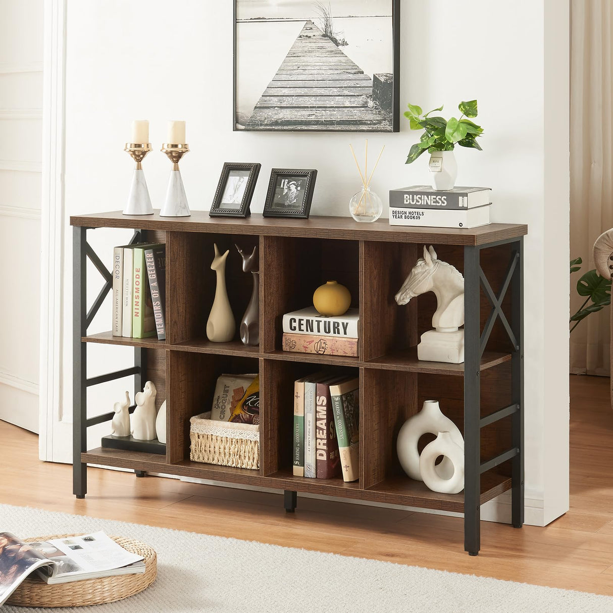 HOMBAZAAR Cube Storage Organizer Shelf, Industrial Horizontal Bookshelf with 8 Cube Storage, Rustic Low Cube Bookshelf with 3 Shelves, Short Wide Bookcase for Office,Living Room,Apartment,Brown HOMBAZAAR