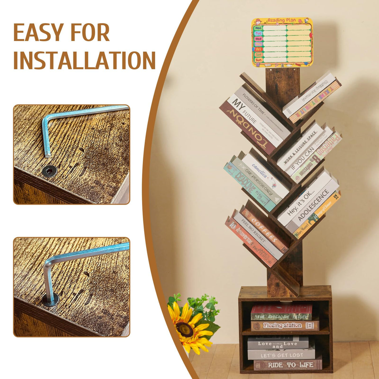 7 Tier Tree Book shelf, Small Bookcase with Reading Planner and Activity Panel, Modern Floor Standing Corner Tall Narrow Storage Cabinet Bookshelves for Home Office Bedroom Living Room (Rustic Brown) FredCache