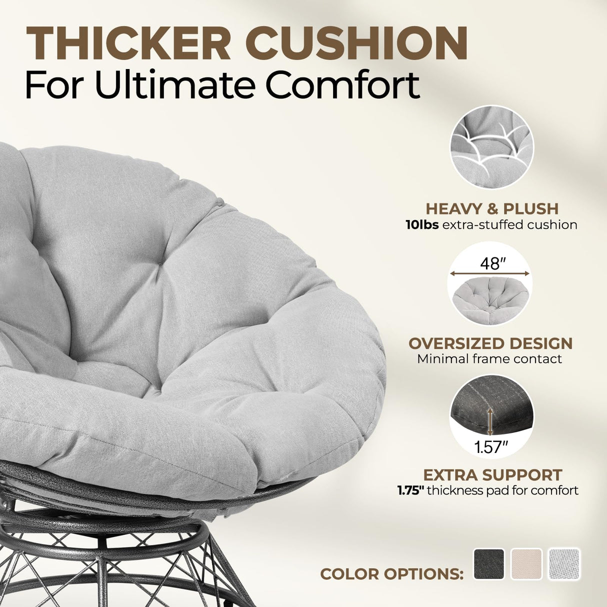 CraftVie Premium Oversized Papasan Chair with Cushion and Frame β 48'' Extra-Thick Cushion (7'' + Exclusive 1.75'' Support Pad), Supports 450 lbs β 360Β° Swivel Bedroom Chair, or Reading Chair CraftVie