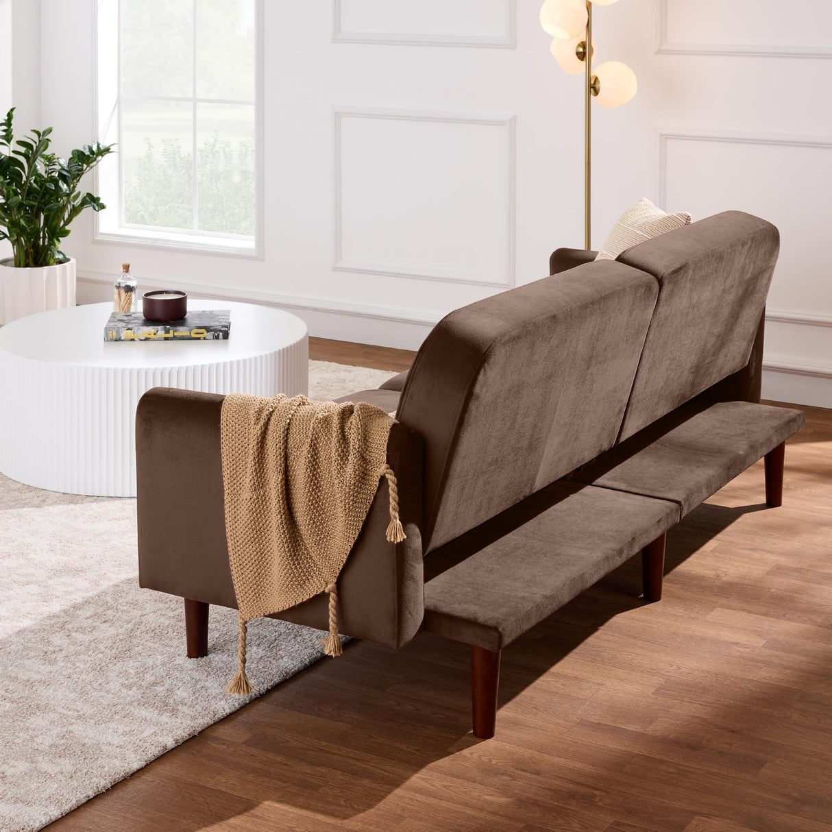 Best Choice Products 77" Mid Century Modern Velvet Loveseat Sofa, Couch, Convertible Sofa Sleeper Bed w/Real Wood, Removable Armrest - Mocha Brown Best Choice Products