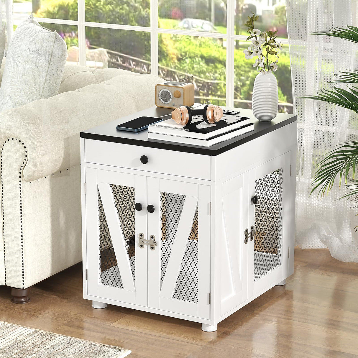 VOWNER Dog Crate Furniture, Wooden Dog Kennel End Table with USB Charging Station, Storage Drawer, Double Latched Door, Furniture-Style Crate Side Table for Small Dogs Under 25 lbs Indoor Use, White VOWNER