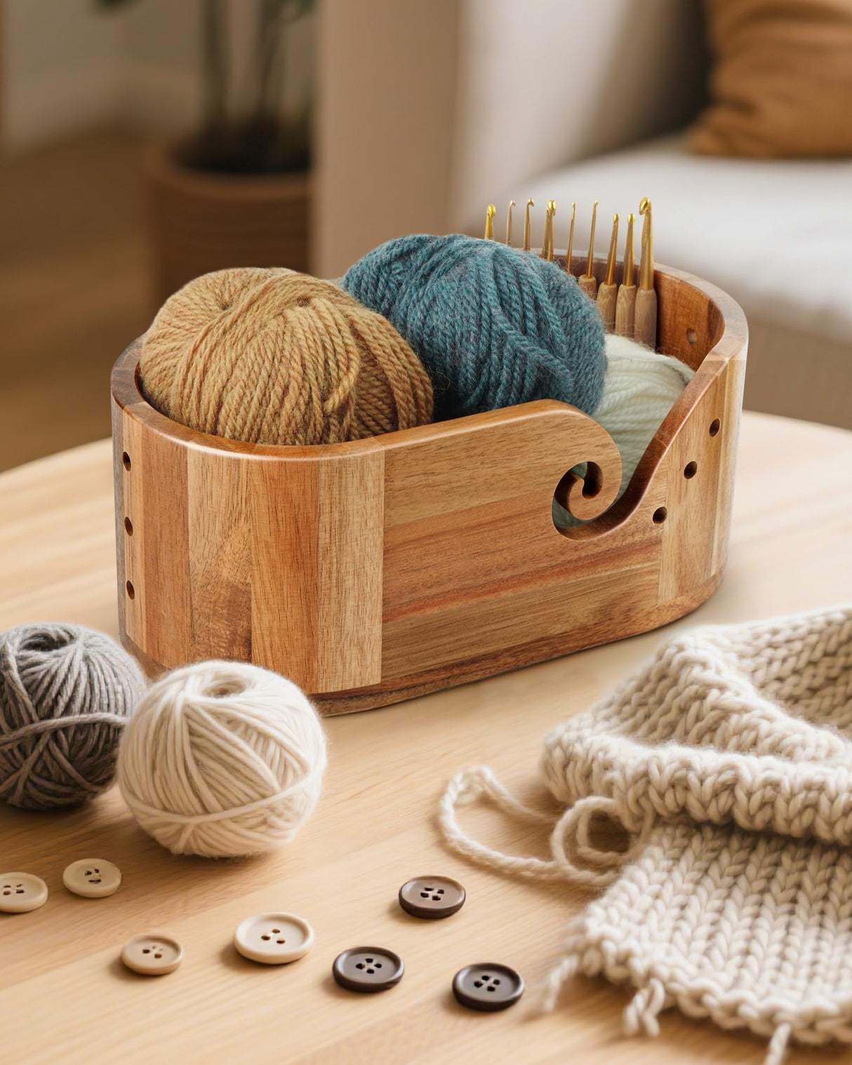 Oval Yarn Bowl, Crochet Yarn Holder with 9pcs Knitting Hooks, Yarn Storage Crochet Bowl Knitting for Crocheters, Large Yarn Bowl Acacia Wooden 11.3x5.9x4.7inch (Acacia Yarn Bowl) UNAYMIDY