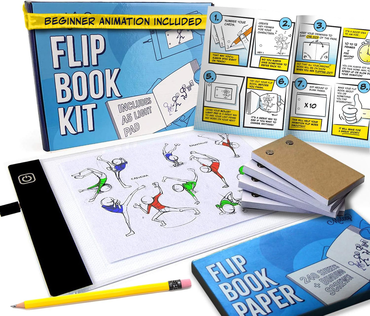 Molcey Flip Book Kit with LED Light Pad. Includes Flipbook Kit Starter Animation, 240 Sheets Blank Animation Paper and Instructions for Making Flip Books, LED Light Pad. for Kids 9-12 6-8 Molcey
