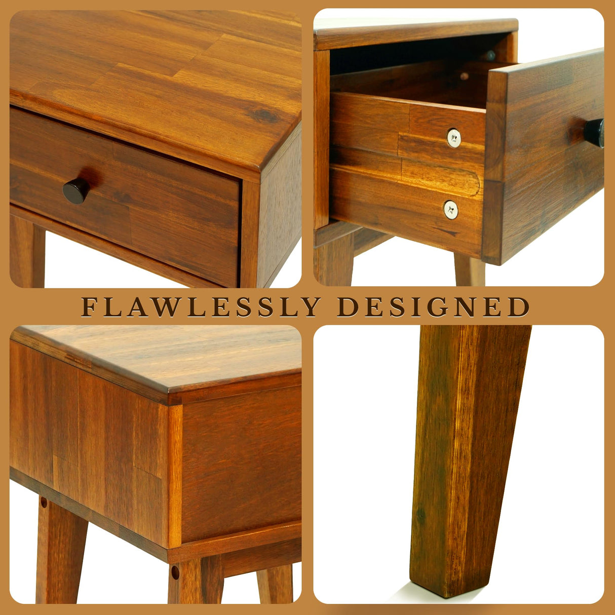 Acacia Sofia Nightstand with Drawer, Bedside Table, Solid Wood Bedside End Table with Drawer and Storage Space for Bedroom, Caramel A ACACIA FURNITURE