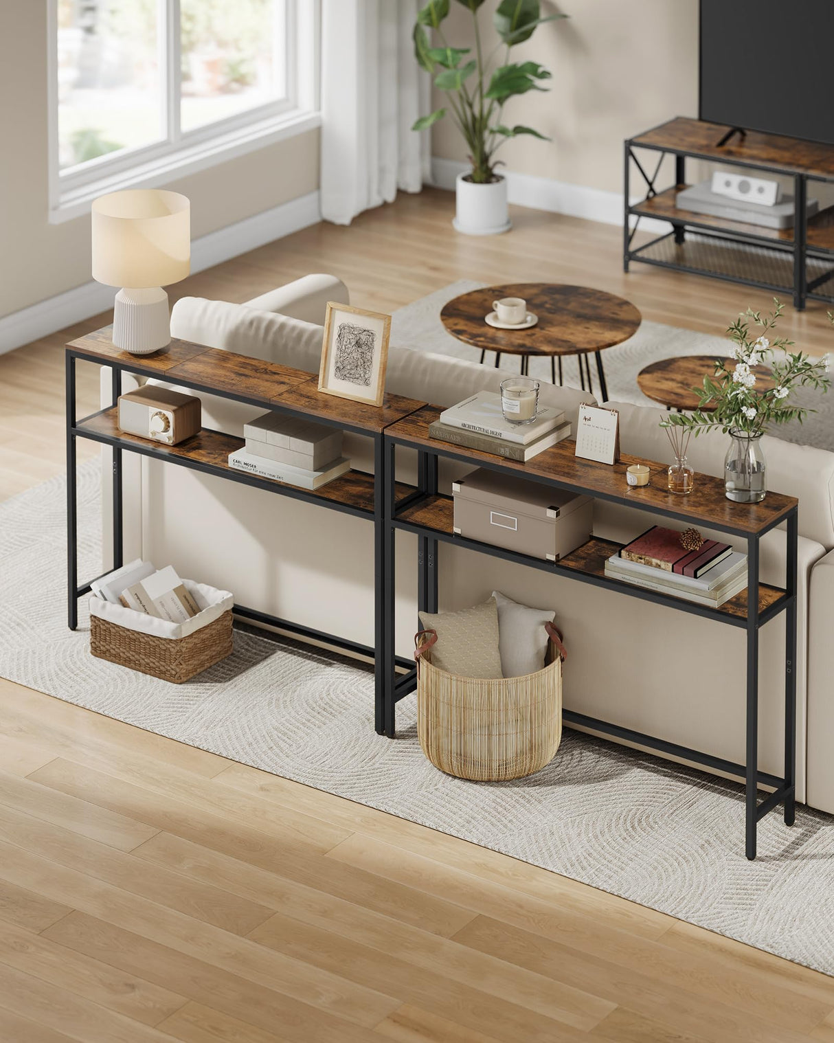 VASAGLE Console Table, 2-Tier Sofa Table, 7.9 x 39.4 x 31.5 Inches, Narrow Entryway Table, Modern Entry Table with 2 Shelves, for Living Room, Bedroom, Rustic Brown and Ink Black ULNT131K01 VASAGLE