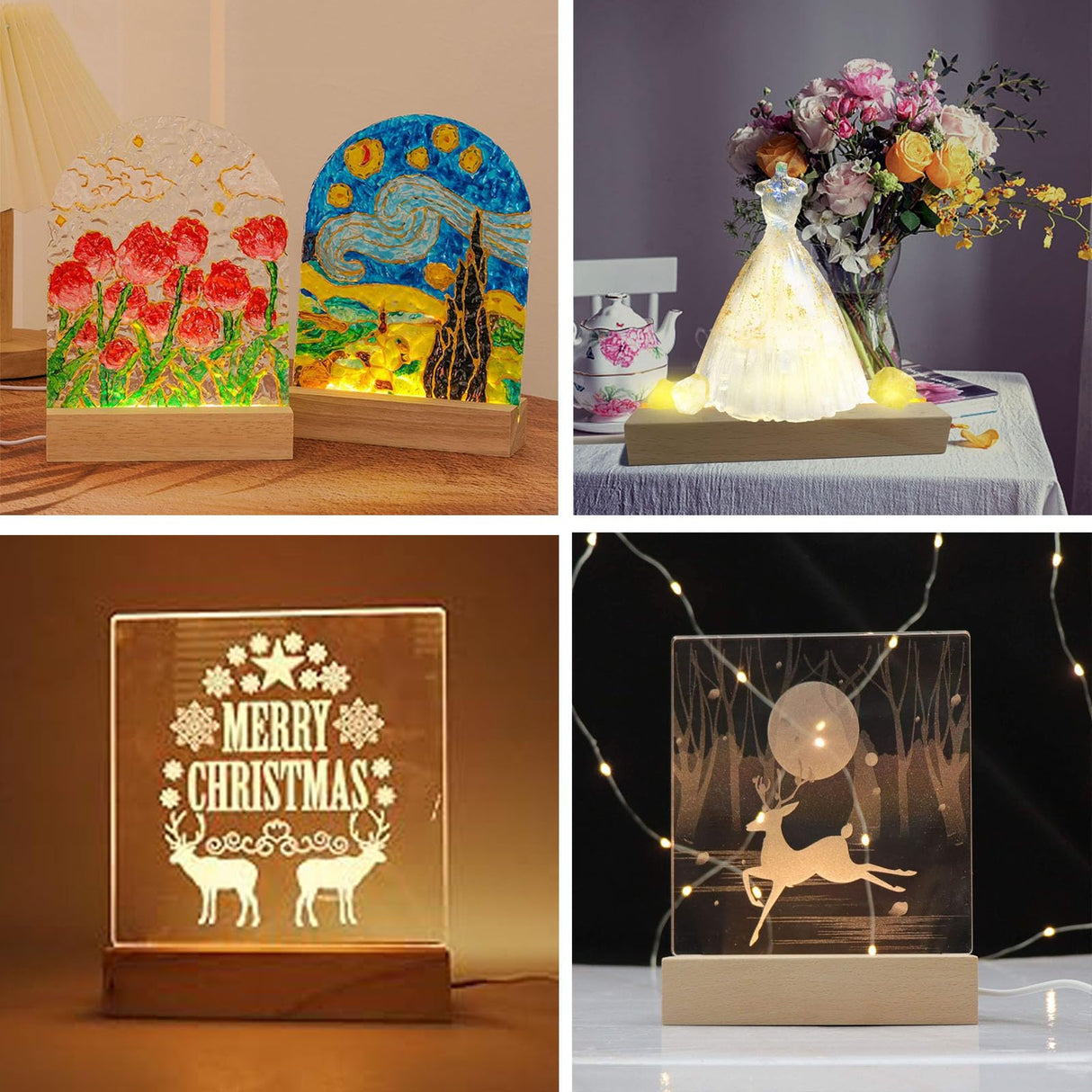 Lyshujli 2Pcs 6" Warm Light Wooden LED Lights Display Pedestal, Rectangle Wood Led Lights Display Base for Acrylic Sheet Plexiglass 3D Crystal Glass Resin Art Lyshujli