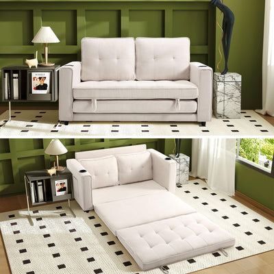 Urhanherry 54" Folding Sofa Bed Full Size, Pull Out Couch Small Love Seat Sleeper Bed Futon, Fold Out Floor Gaming Couch with Cup Holder for Dorm, Bedroom, Small Spaces(Beige)