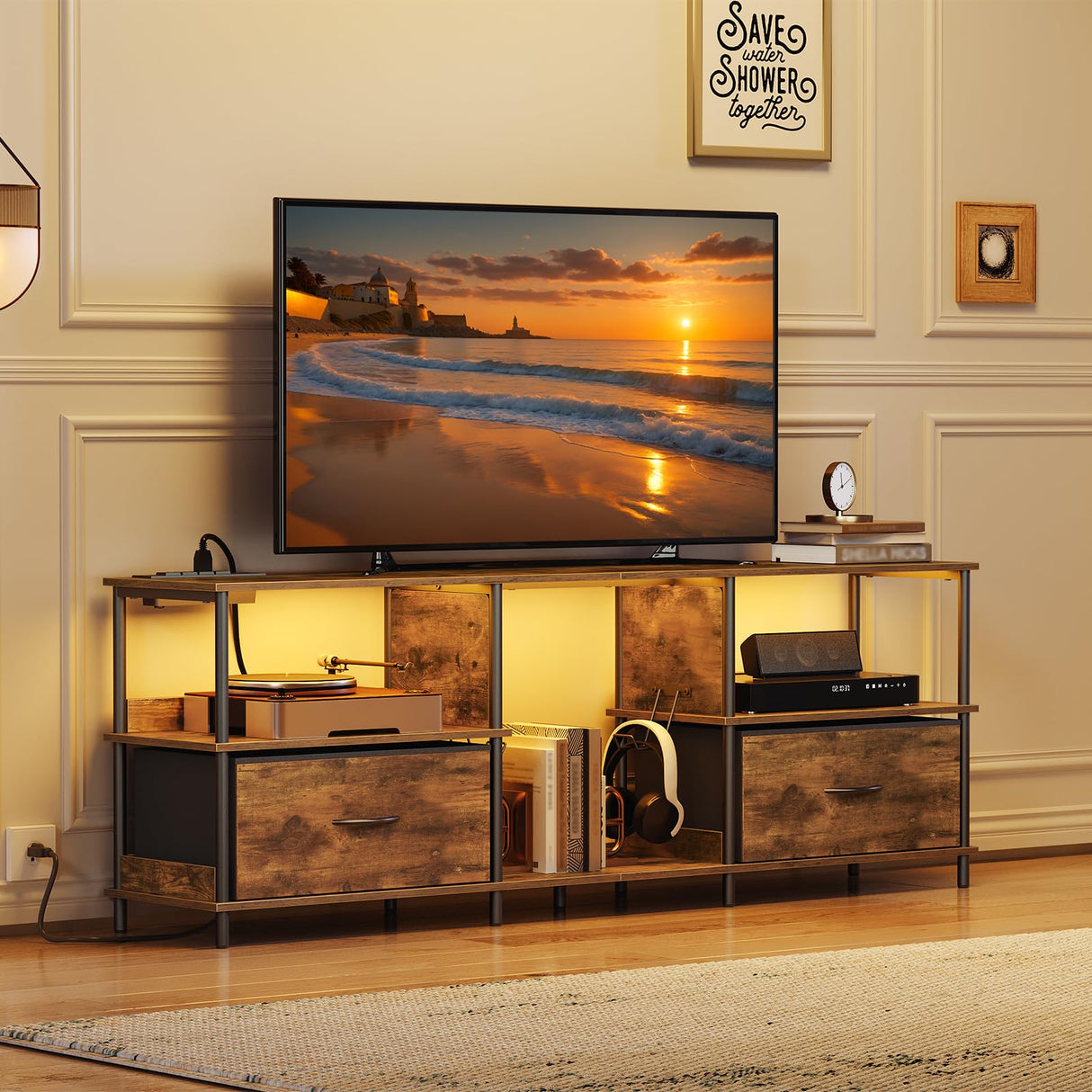 MAHANCRIS LED TV Stand with Charging Station and 2 Fabric Drawers, Entertainment Center for TVs up to 65", TV Console Table with Open Storage Shelf, for Living Room, Rustic Brown TVHR135E01 MAHANCRIS