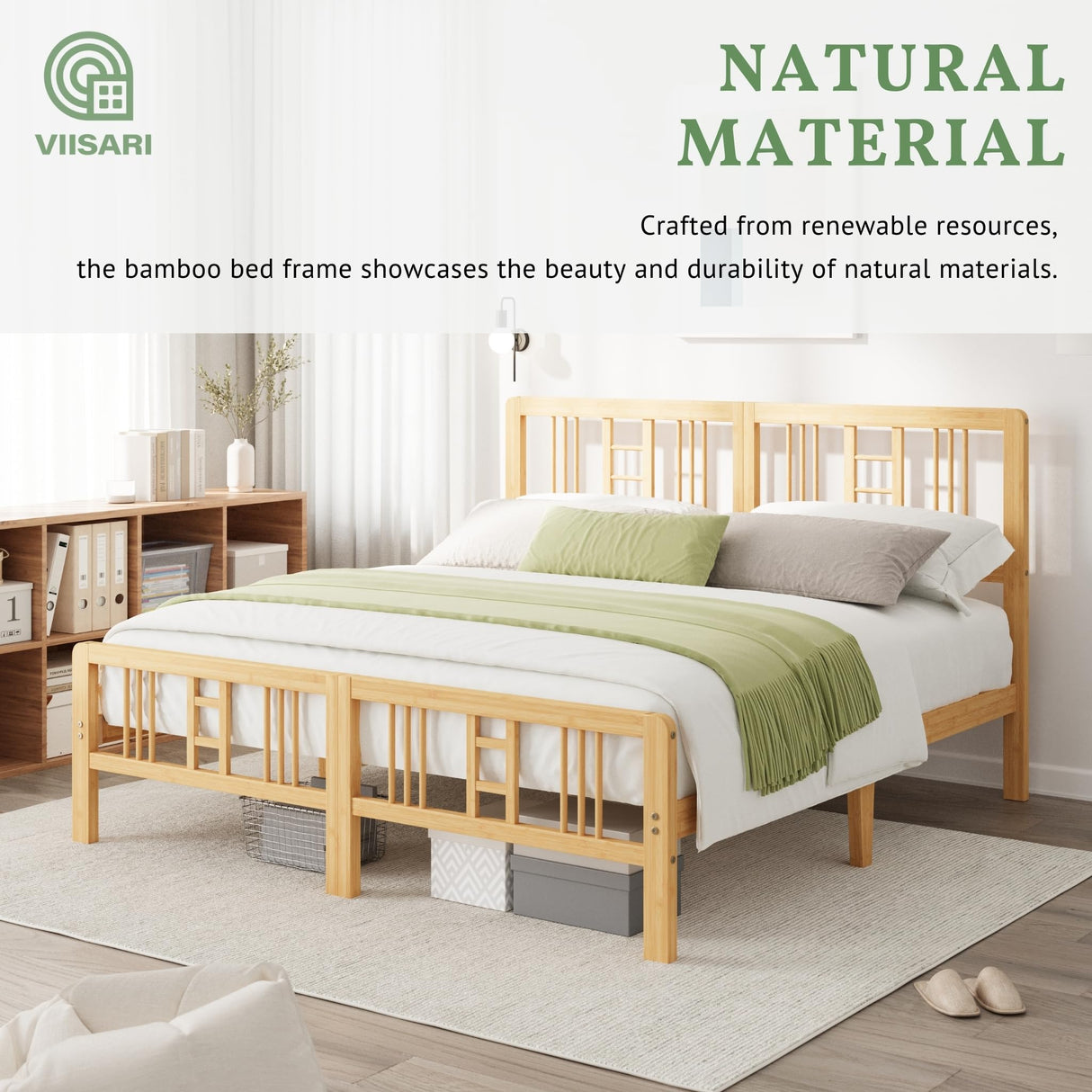 Viisari Bamboo Wood King Size Bed Frame with Headboard and Footboard, 10 Inch Platform King Bed Frame with Steel Slats, Solid Foundation, Easy Assembly, Ample Under-Bed Storage, Noise-Free Viisari