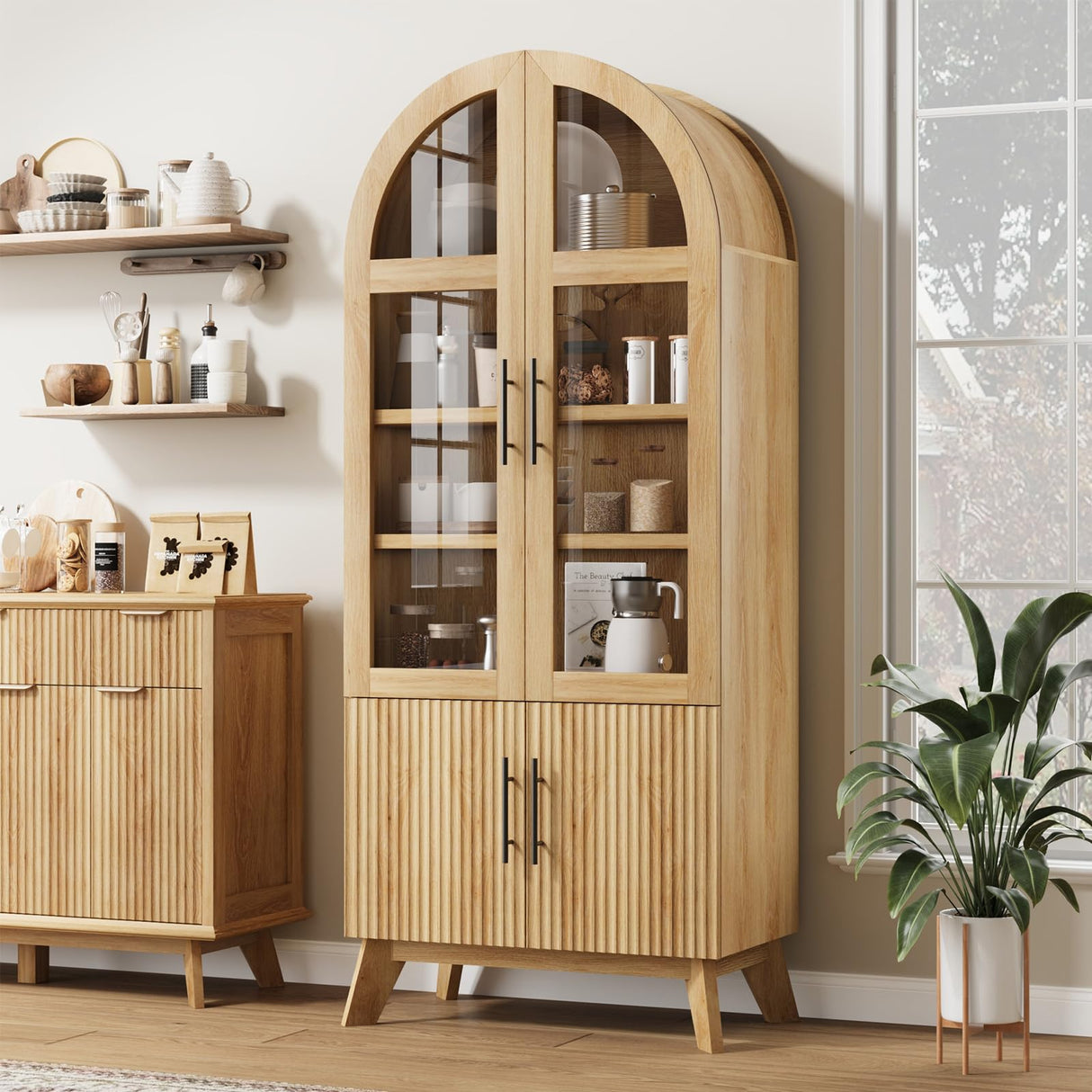 RNLRNL 71" Modern Fluted Display Cabinet with Glass Door, Arched Curio Cabinet with Adjustable Shelf, Bookcase for Collectibles Books, Storage Cabinet for Living Room, Dining Room, Natural Oak RNLRNL