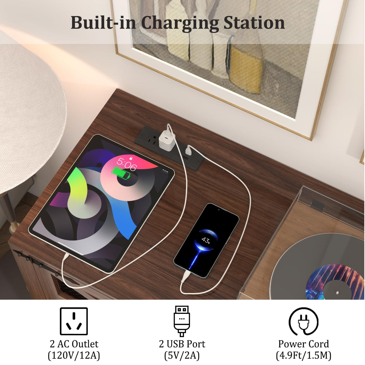 VAXZOFI Large Record Player Stand with Vinyl Storage, 500+ Vinyl Record Storage Cabinet, 47 Inch Record Player Table with Power Outlet, Farmhouse Wooden Turntable Stand for Living Room, Walnut VAXZOFI