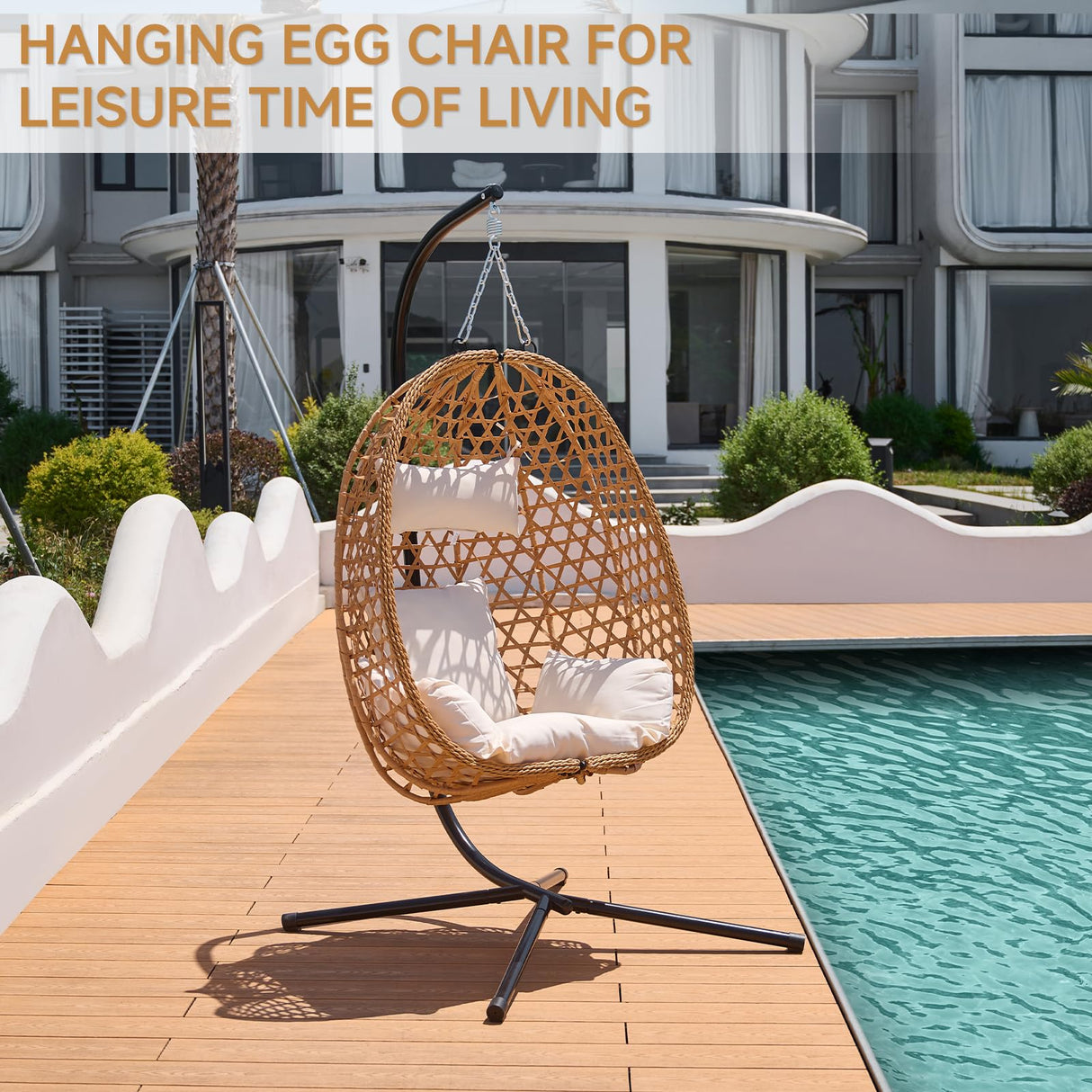 Thinlute Outdoor Hanging Egg Chair, Patio Wicker Swing Chair with Stand and Cushion, Wider Basket Seating, Hammock Chairs for Outside Balcony Backyard Bedroom Porch, Brown Thinlute