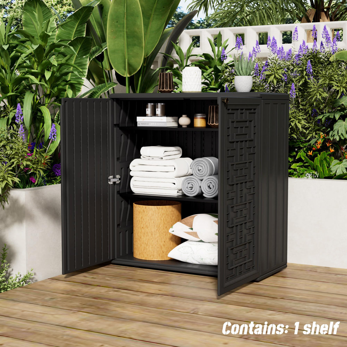 Mrosaa Indoor Outdoor Storage Cabinet Waterproof with Shelf,Plastic Storage Sheds Outdoor Cabinets for Patio/Garden/Backyard, Size 34.3''L*15''W*36.2''H(Black) Mrosaa