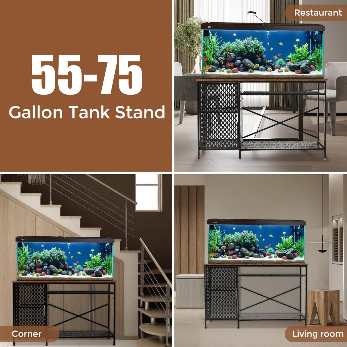 Annualring 55-75 Gallon Fish Tank Stand with Movable Power Cord& LED Light,Metal Aquarium Stand with Storage Cabinet,Large Fish Tank,Turtle and Reptile Terrarium,1000LBS Capacity, Black Annualring
