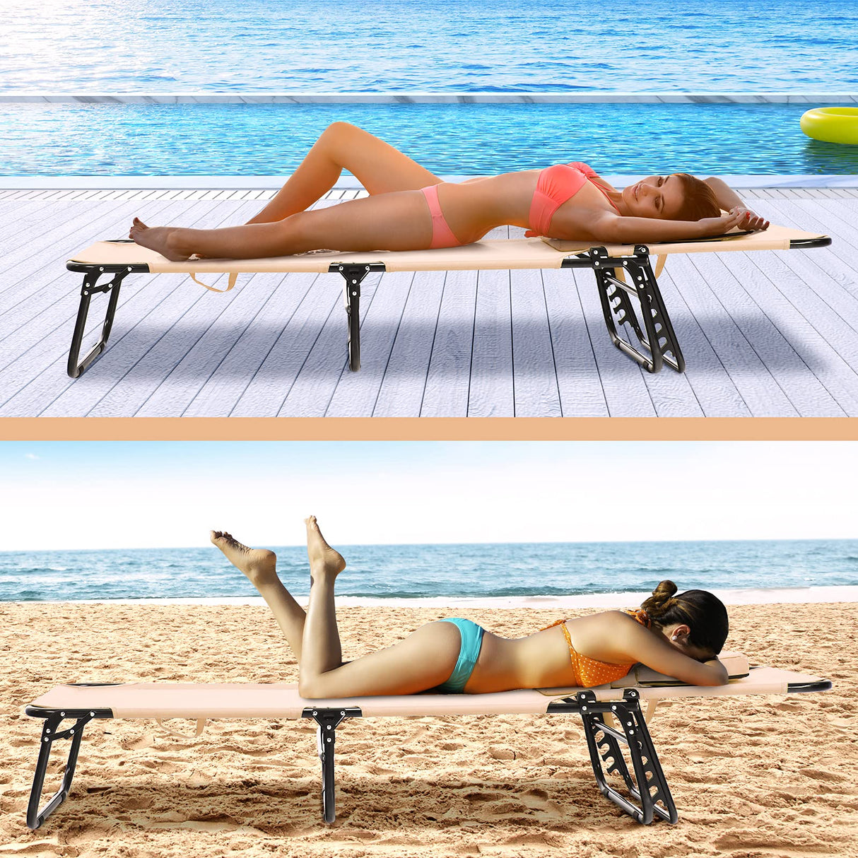 gotoplay Folding Beach Lounge Chair w/ 5 Adjutable Backrest & Padded Pillow, Sunbathing Lounger Chair, Sun Tanning Lay Flat Chair for Seaside Pool Deck, Max Load 330 LBS, No Assembly Required (Beige) gotoplay