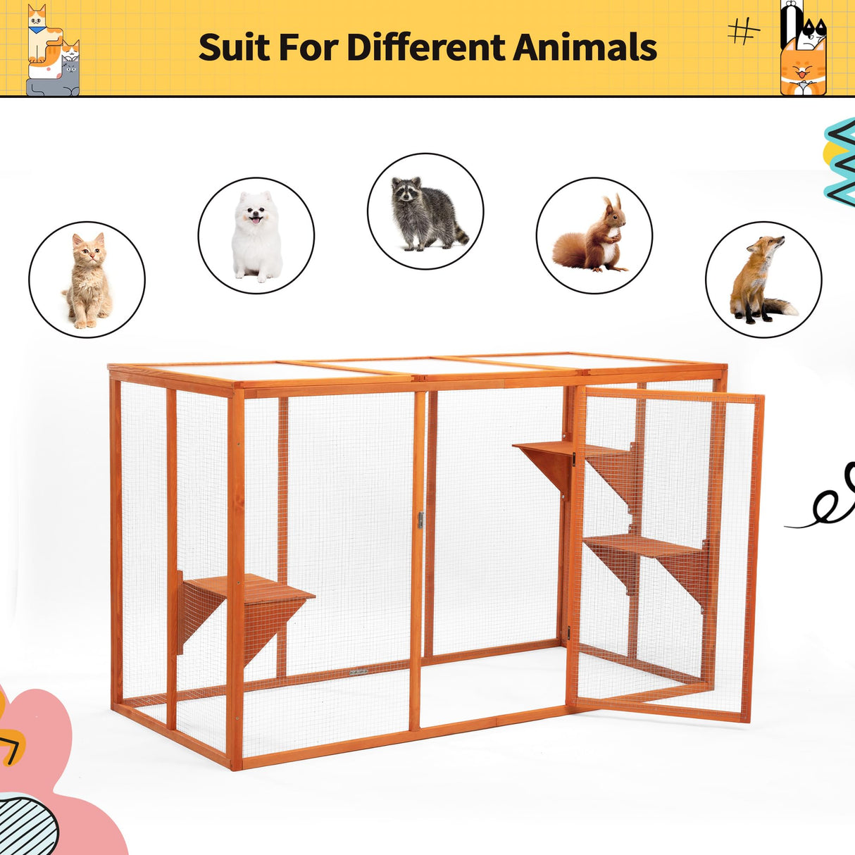 COZIVVOVV Catio Outdoor Cat Enclosure, 71" Large Weatherproof Catios with Cedar Wood Frame for cat Patio, Heavy Duty Outdoor Cat Condo & Cage, Indoor cattio for Cats (Orange-Red, Large) COZIVVOVV