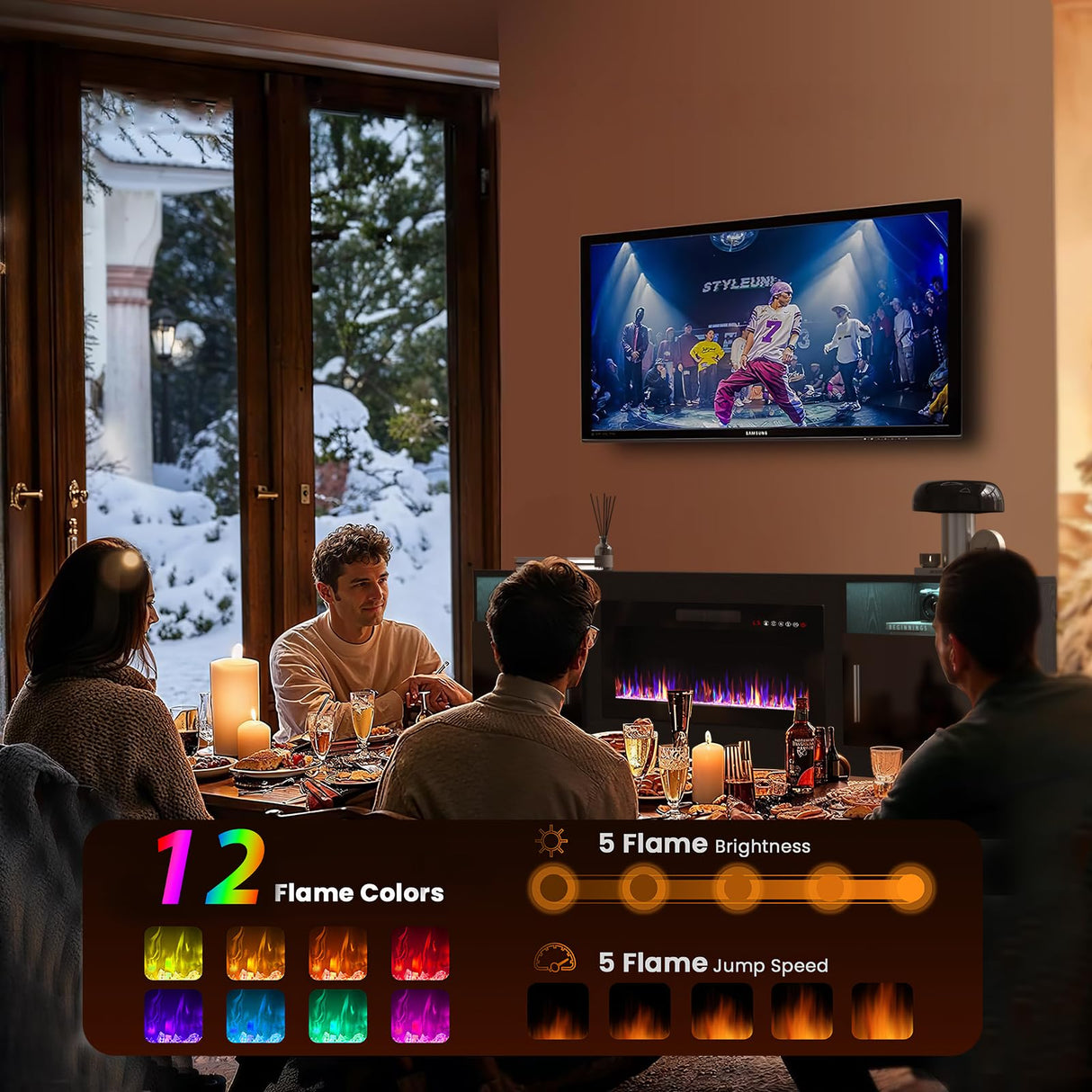 TAVATA Fireplace TV Stand with 36" Fireplace,80" TV Stand with LED Light for TVs Up to 85",Entertainment Center Console Table with Highlight Storage Cabinets (Black) TAVATA