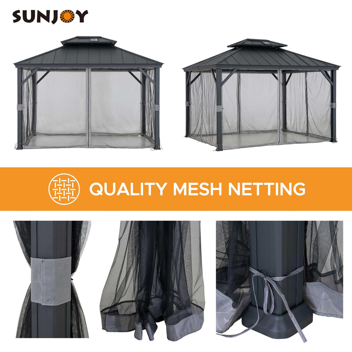 Sunjoy Hardtop Gazebo 10 x 12 ft. Outdoor Patio Aluminum Frame Gazebo with Solar Panel, 2-Tier Steel Hardtop Backyard Gazebo with Netting and Ceiling Hook, Black Sunjoy