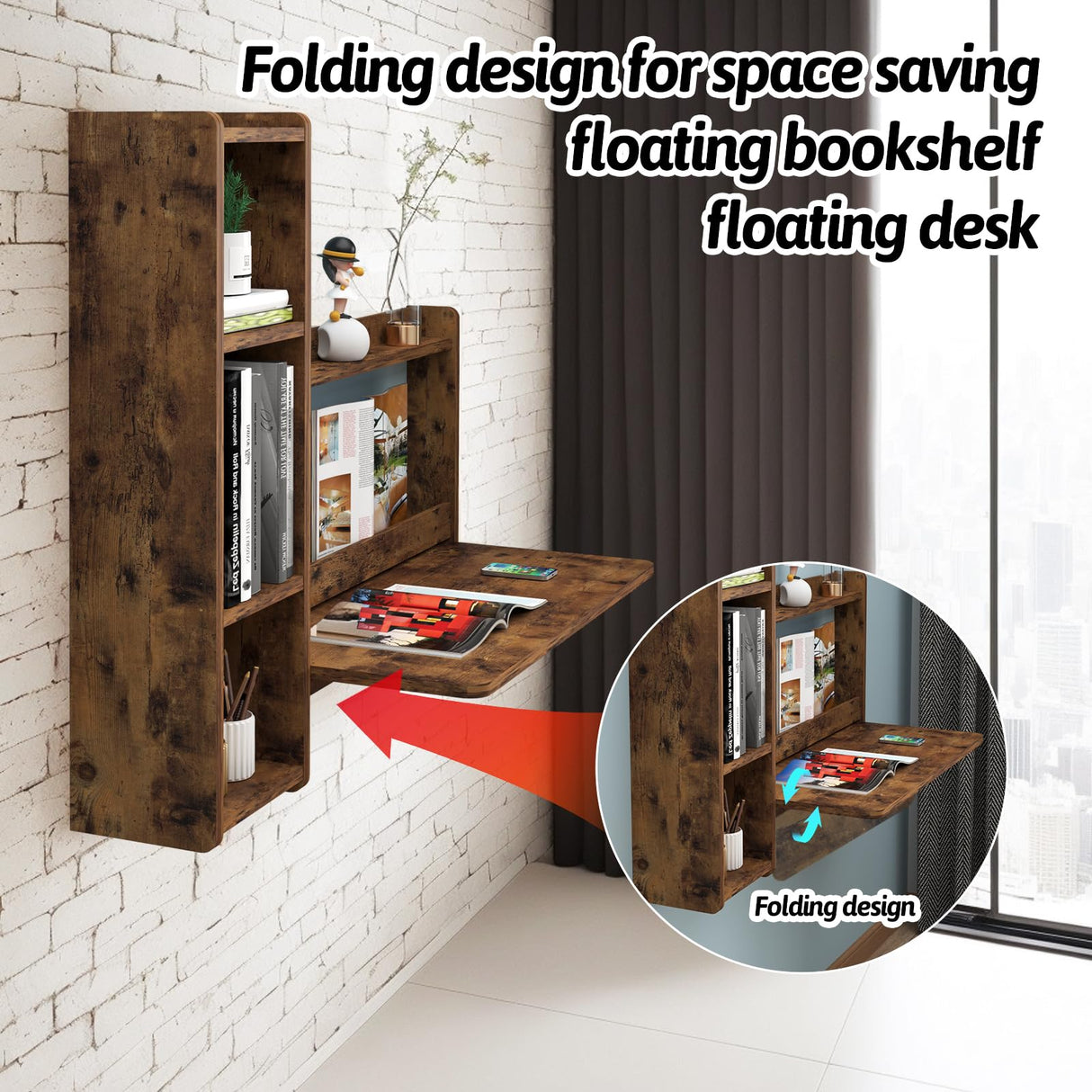 Pmnianhua Rustic Brown Floating Wall Desk with Storage - 41'' L Shaped Foldable Laptop Table for Small Spaces Pmnianhua