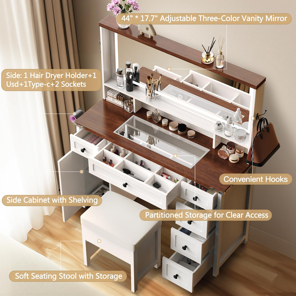 KOLIGEY Vanity Desk with Mirror and Lights, 45"W Farmhouse Makeup Vanity Desk with 44"W Lighted Mirror, Dressing Table with Glass Tabletop, 6 Drawers & 1 Cabinet Door for Bedroom, Dark Walnut & White KOLIGEY