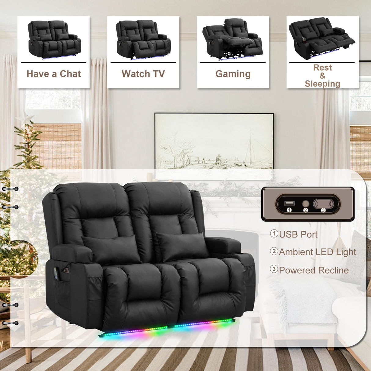 TUNYI Power Loveseat Recliner Sofa - Home Theater Seating with Massage & Heat Faux Leather RV Recliner Loveseat Sofa with USB/Cup Holder/Side Pocket/LED Light/Pillow (Black) TUNYI