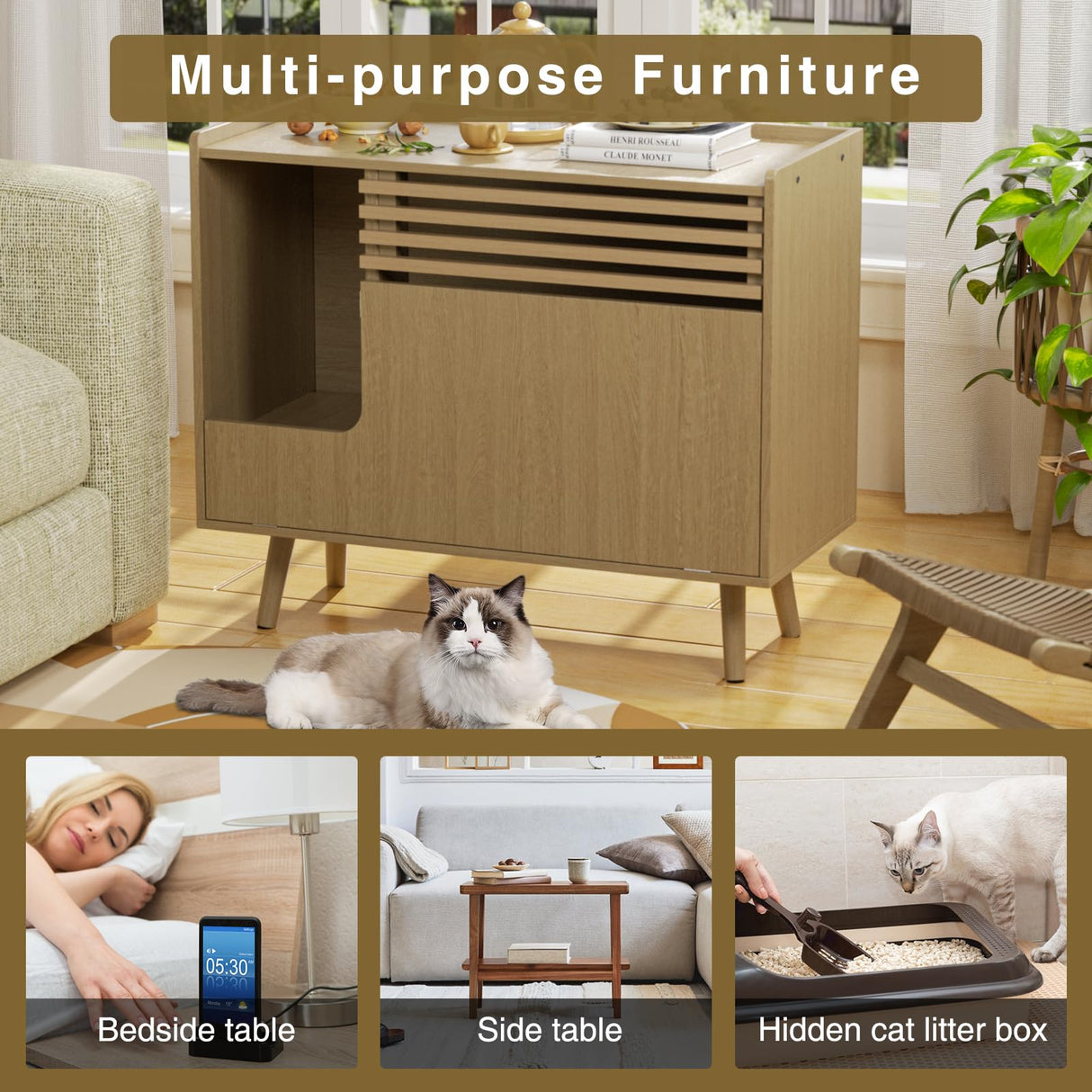 Halitaa Cat Litter Box Enclosure,Mid-Century Modern Hidden Litter Box Furniture with Cat Scratch Pad,Flip-Down Opening Litter Box Cabinet Cat Washroom End Table,Natural Halitaa