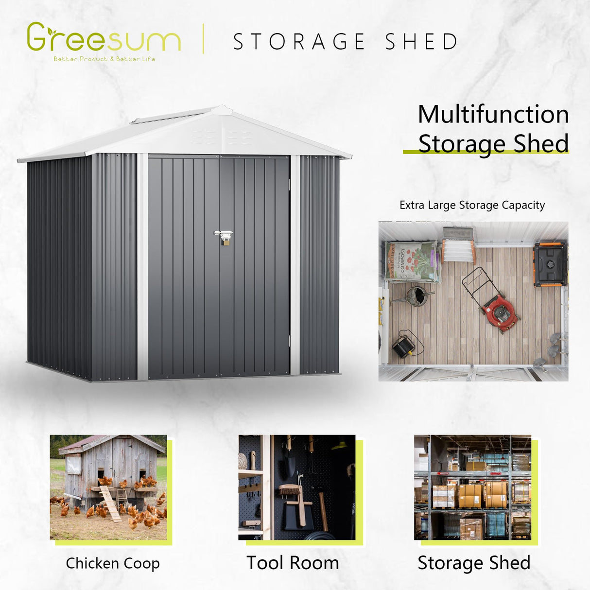 Greesum Metal Outdoor Storage Shed 6FT x 4FT, Steel Utility Tool Shed Storage House with Door & Lock, Metal Sheds Outdoor Storage for Backyard Garden Patio Lawn (6' x 4'), Gray Greesum