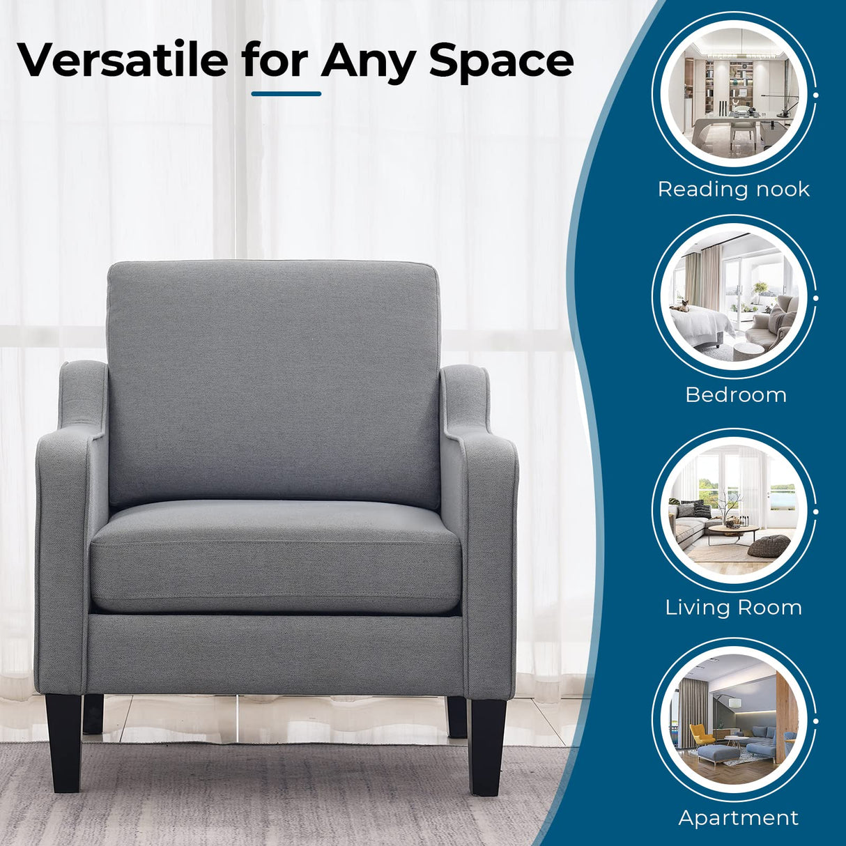 VINGLI Mid Century Modern Accent Chair,Light Grey Fabric Chairs for Living Room Upholstered Armchair with Scooped Arms for Bedroom,Apartment,Studio,Office,Waiting Room VINGLI