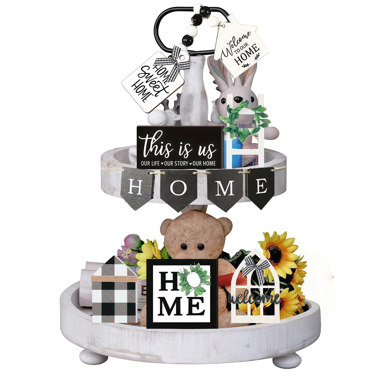 Tiered Tray Decor Set for Rustic Home Country Kitchen Dining Room Living Room Table Decorations Farmhouse Modern White and Black Tray Decorative with Wooden Beads and Board (No Tray) MKER HOME