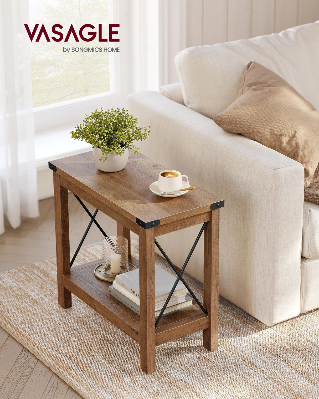 VASAGLE 2-Tier End Table, Side Table with Bottom Shelf, Nightstand for Small Spaces, for Living Room, Bedroom, Farmhouse Style, Honey Brown ULET235K41 VASAGLE