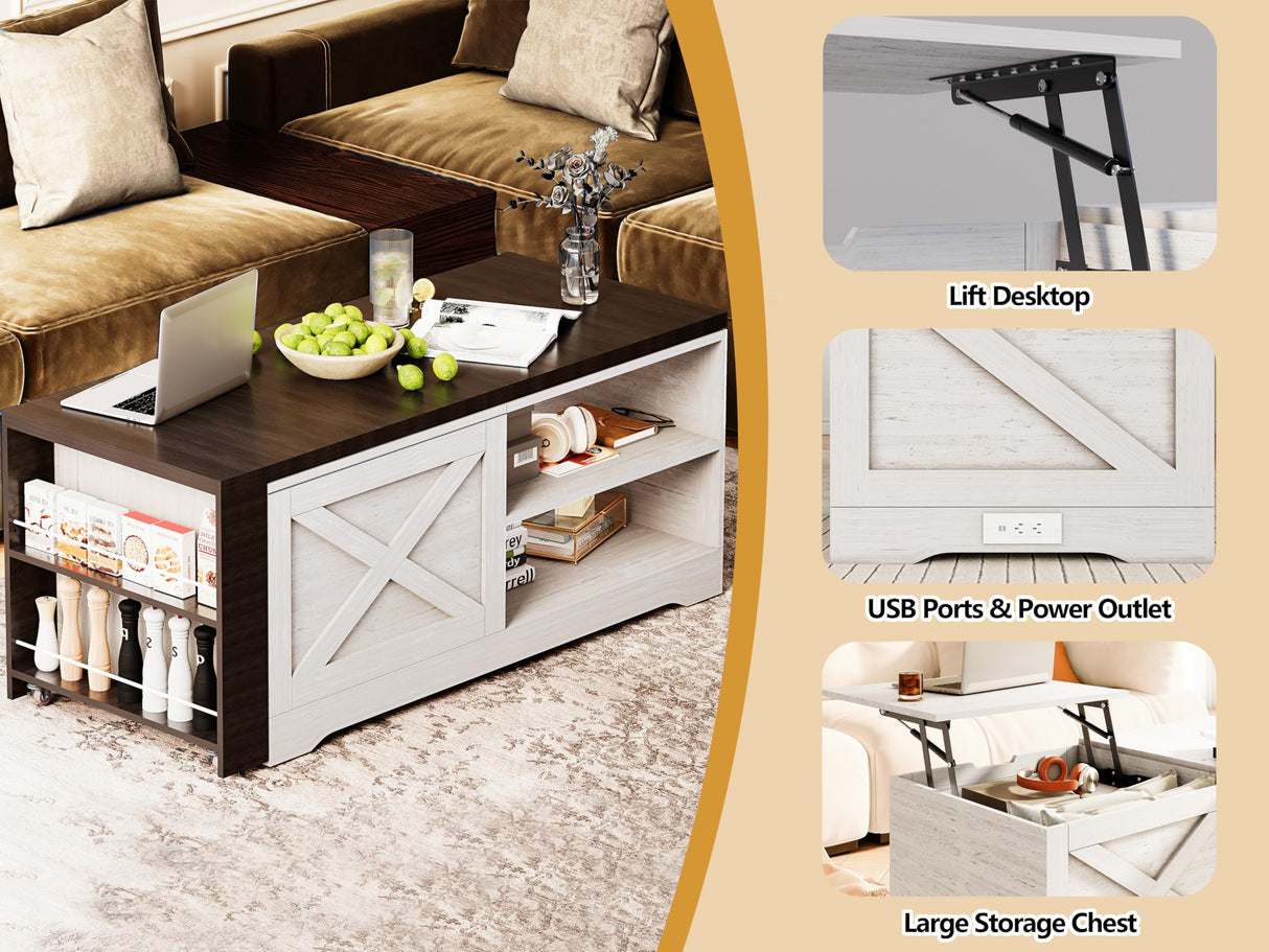 Wildhome 48" Farmhouse Lift Top Coffee Table with Charging Station,Foldable L-Shaped Cocktail Table with Hidden Storage Compartment,Lifting Tabletop and Storage Rack for Living Room,Office,White Wildhome