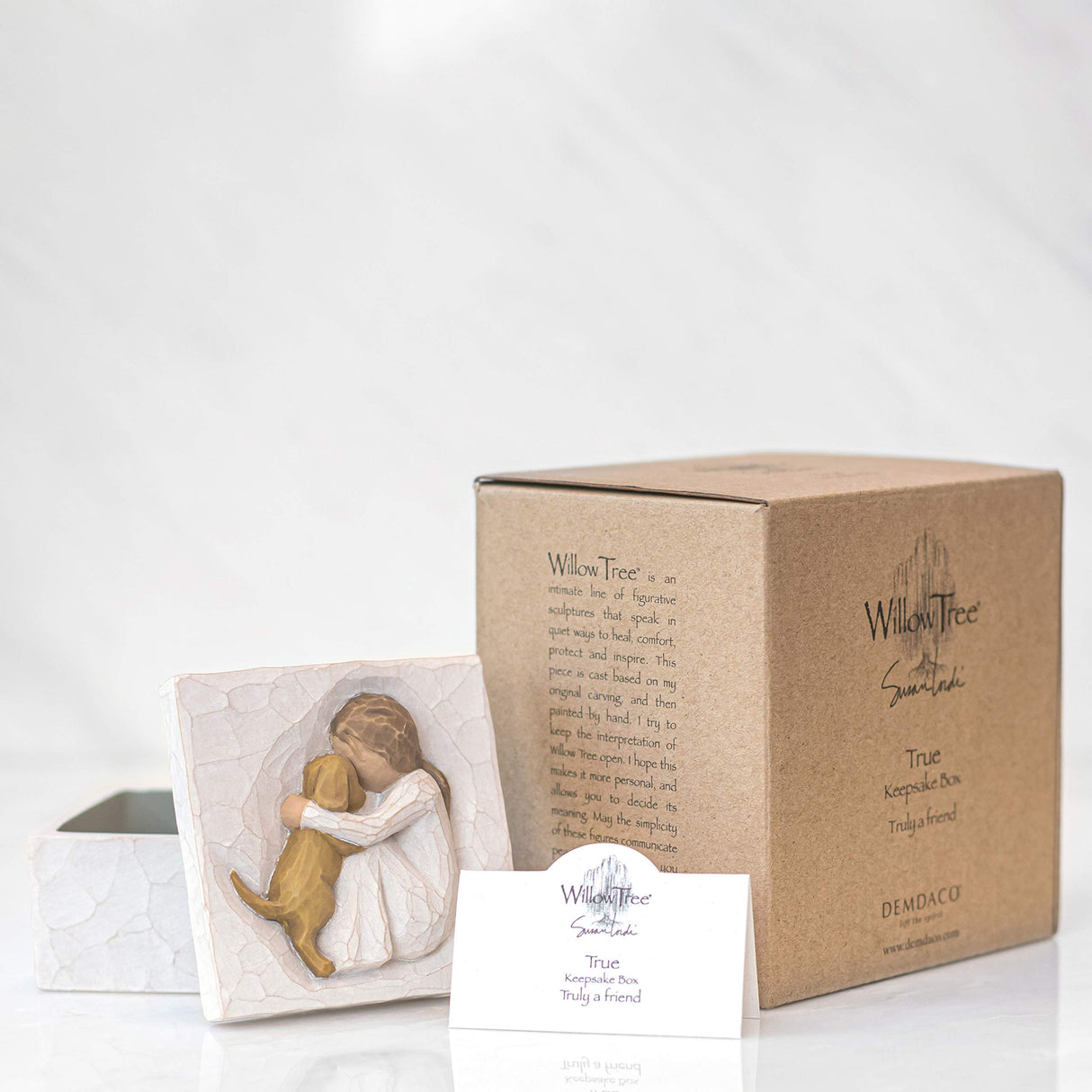 Willow Tree True, Truly a Friend, Box for Jewelry and Treasures with Bas-Relief Carving of Girl with Puppy Dog, Sculpted Hand-Painted Keepsake Box Willow Tree