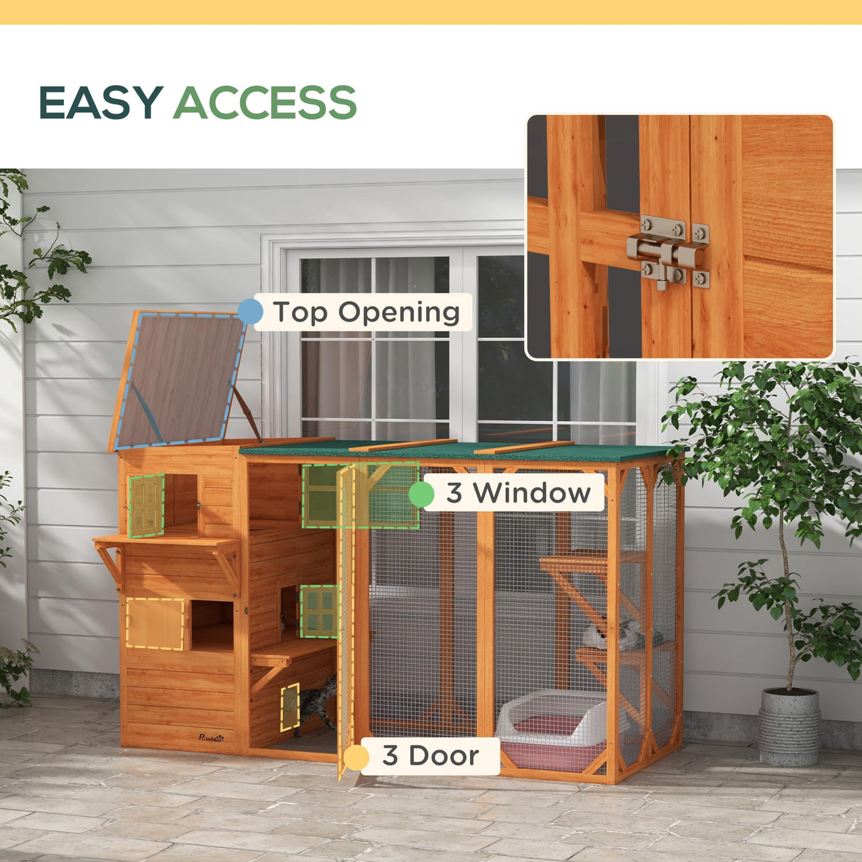 PawHut Outdoor Cat House for 3 Kitties, Multi-Level Design with Big Hiding Areas, Large Catio Cat Enclosure with 2 Stories & Multiple Platforms, Cat Condo for Large Cats, Orange PawHut