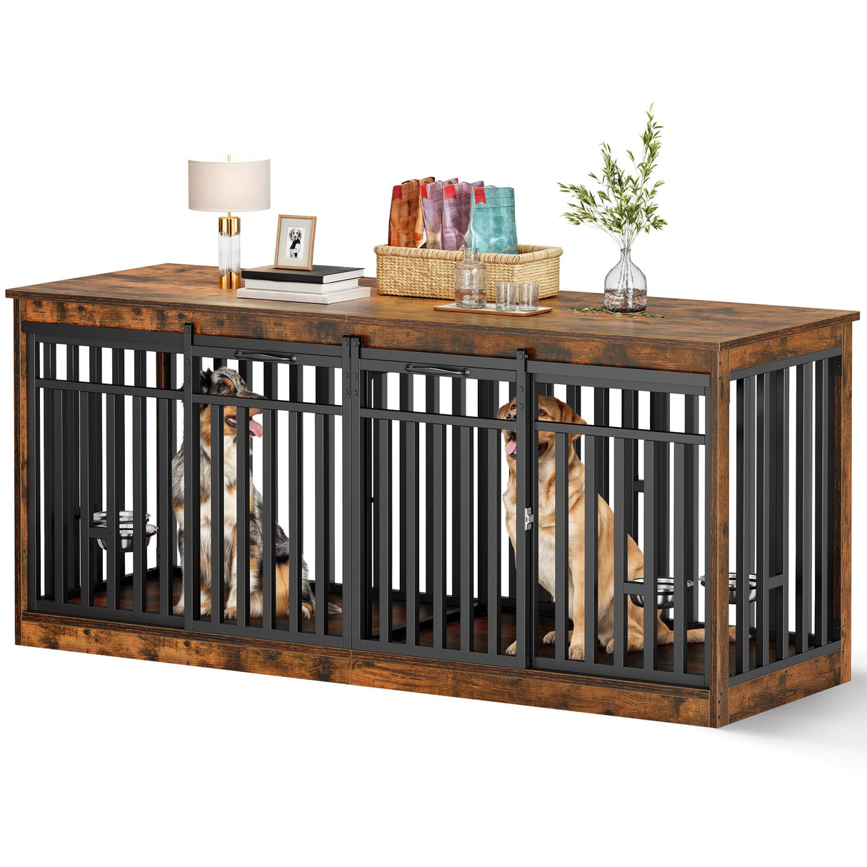 DWVO 71" Double Dog Crate Furniture for 2 Medium Dogs, Heavy Duty Wood Dual Dog Kennel TV Stand with Sliding Doors, Decorative Wooden 2 Dog Cage Table with Dog Bowls for Extra Large Dogs Rustic Brown DWVO
