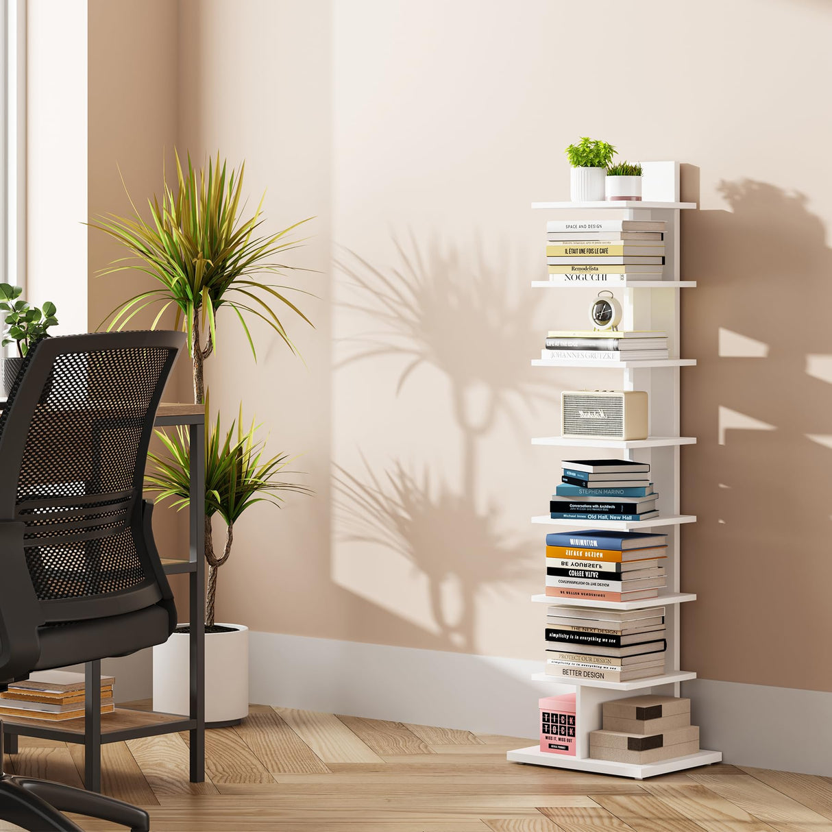 TUTOTAK Vertical Bookshelf, 8-Tier Bookcase, Narrow Spine Book Shelf for Small Space, Corner Standing Shelf for Living Room, Office, Study, Entryway, White BS06BW008 TUTOTAK