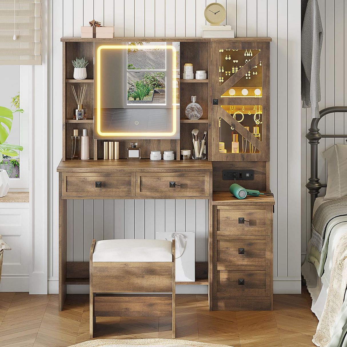 AOGLLATI Farmhouse Vanity Desk with Mirror and Lights, Makeup Vanity Set with Lights & Jewelry Cabinet & 5 Drawers, Vanity Table with Charging Station, Hidden Storage Space for Bedroom, Brown AOGLLATI