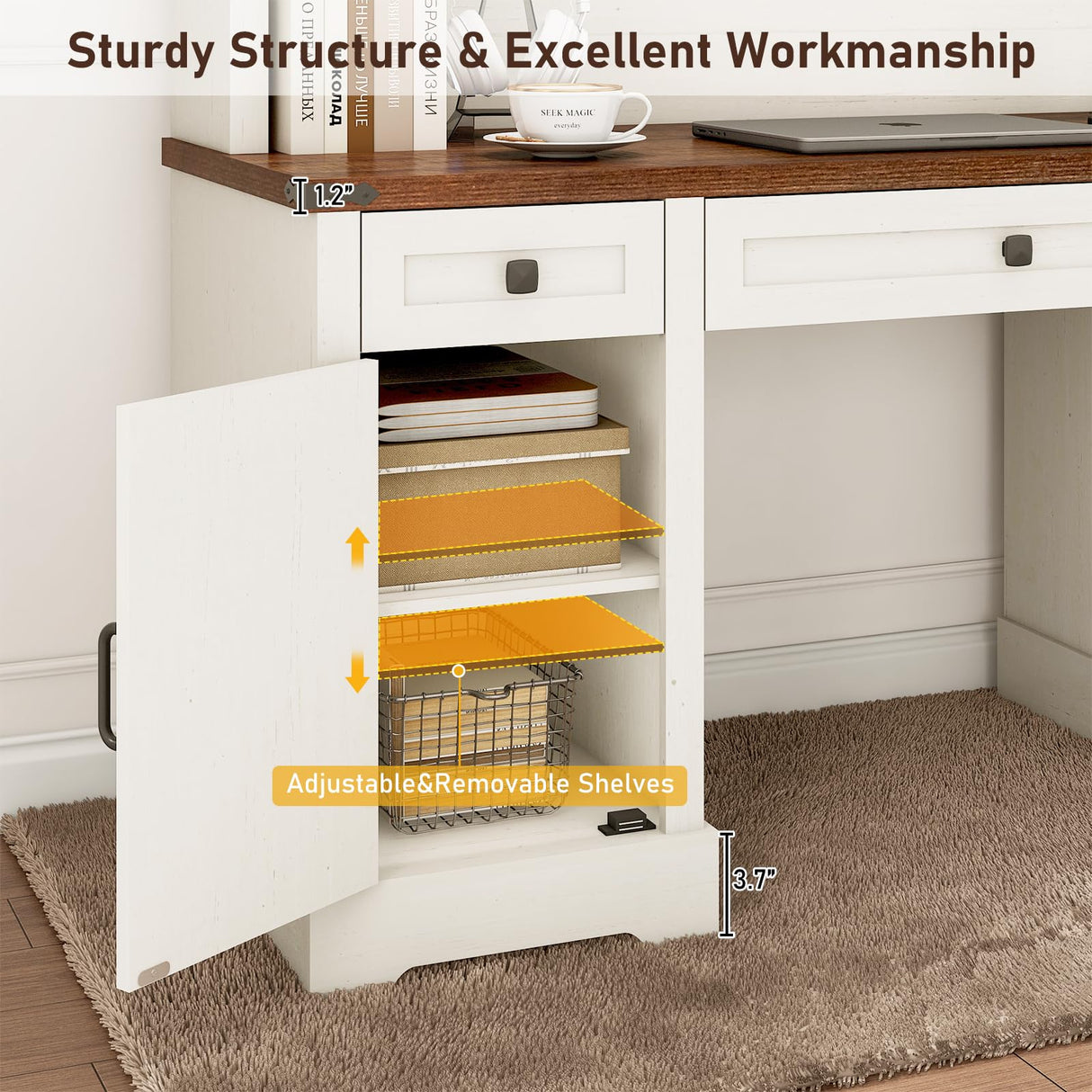 Hlivelood 76" Height Farmhouse Desk with Sliding Door Hutch, Wood Office Executive Workstation Computer Desk with Charging Station, Drawers and Storage Cabinet, for Work, Sturdy, Game, Rustic White Hlivelood