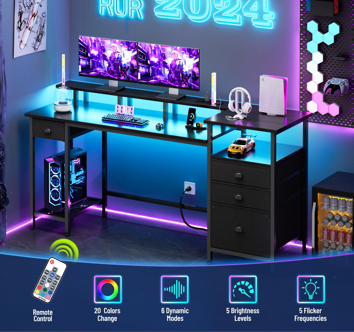 Furologee Black Computer Desk with 4 Drawers, 60" Long Office Desk with Fabric File Cabinet and Power Outlets, Gaming Desk with LED Lights, Study Writing Work Desk for Home Office Furologee