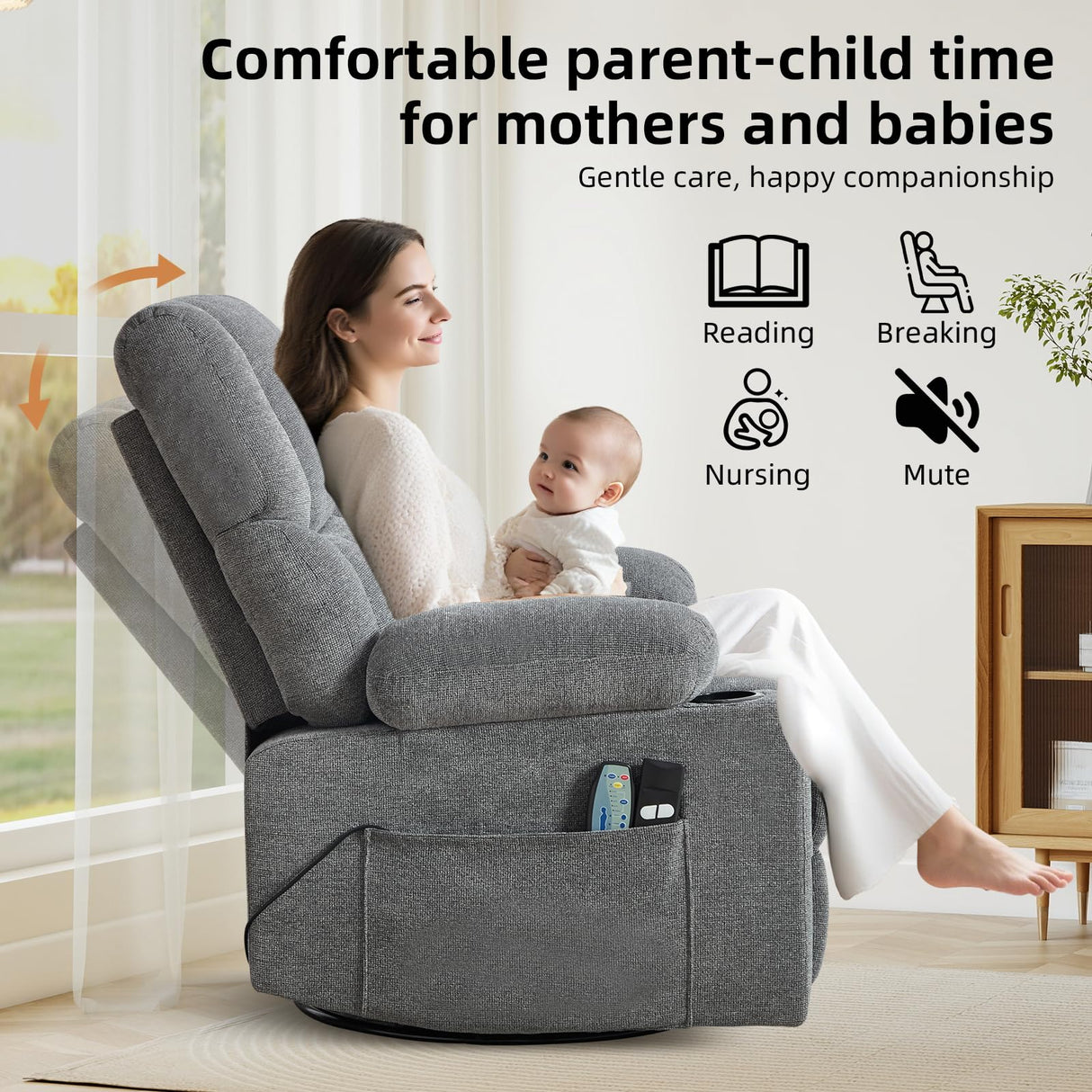 IOMOR Power Recliner Chair with Massage and Heating, 360° Swivel Rocker Glider Chair for Adults, Upholstered Fabric Reclining with Side Pockets and Cup Holder for Living Room, Nursery (1, Gray) IOMOR